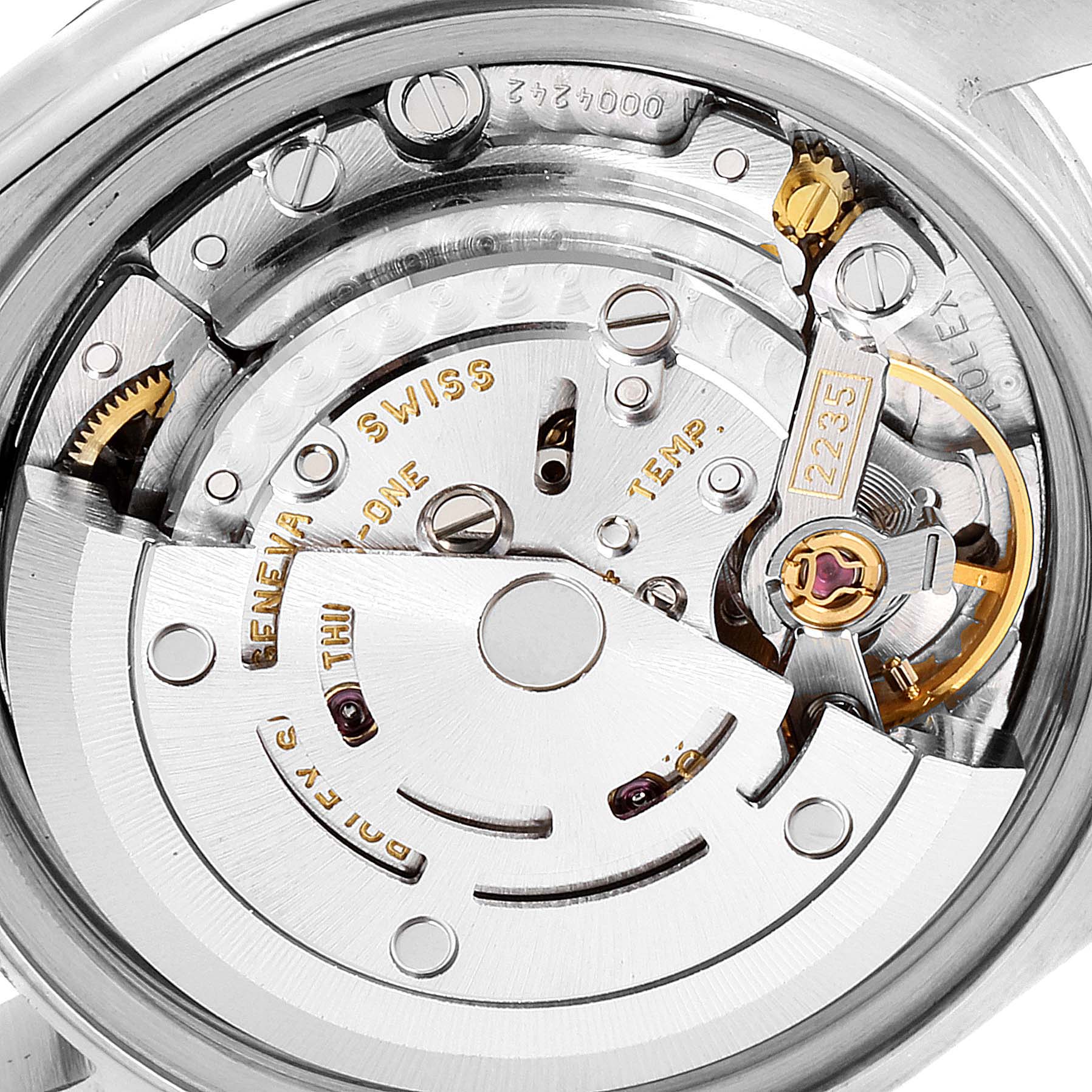 This close-up image shows the intricate internal mechanism of a Rolex Datejust 79174 Women's Stainless Steel Silver Dial 79174 Women's Stainless Steel Silver Dial watch.