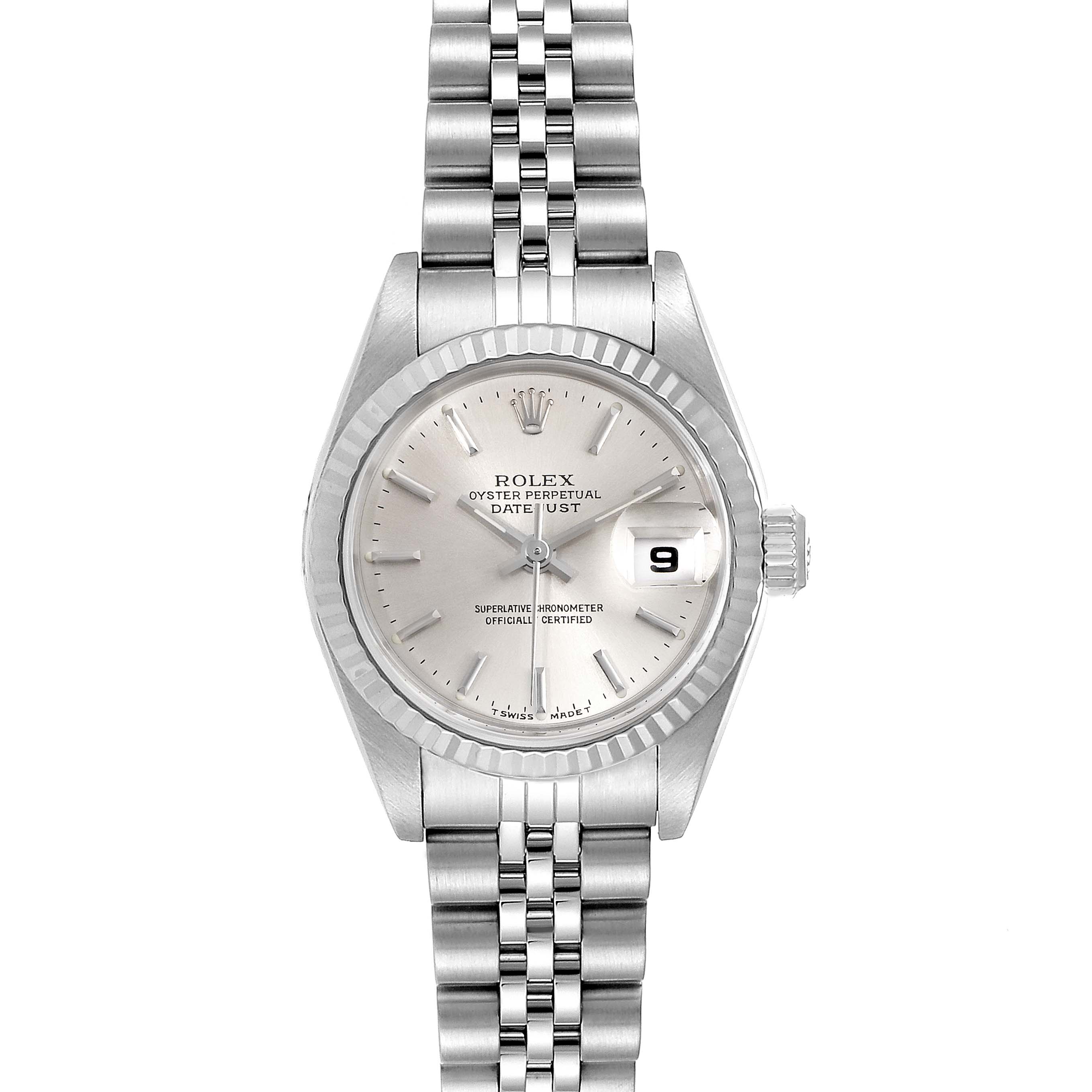 This image shows a front view of a Rolex Datejust 79174 Women's Stainless Steel Silver Dial 79174 Women's Stainless Steel Silver Dial watch, displaying its face, bezel, crown, and bracelet.