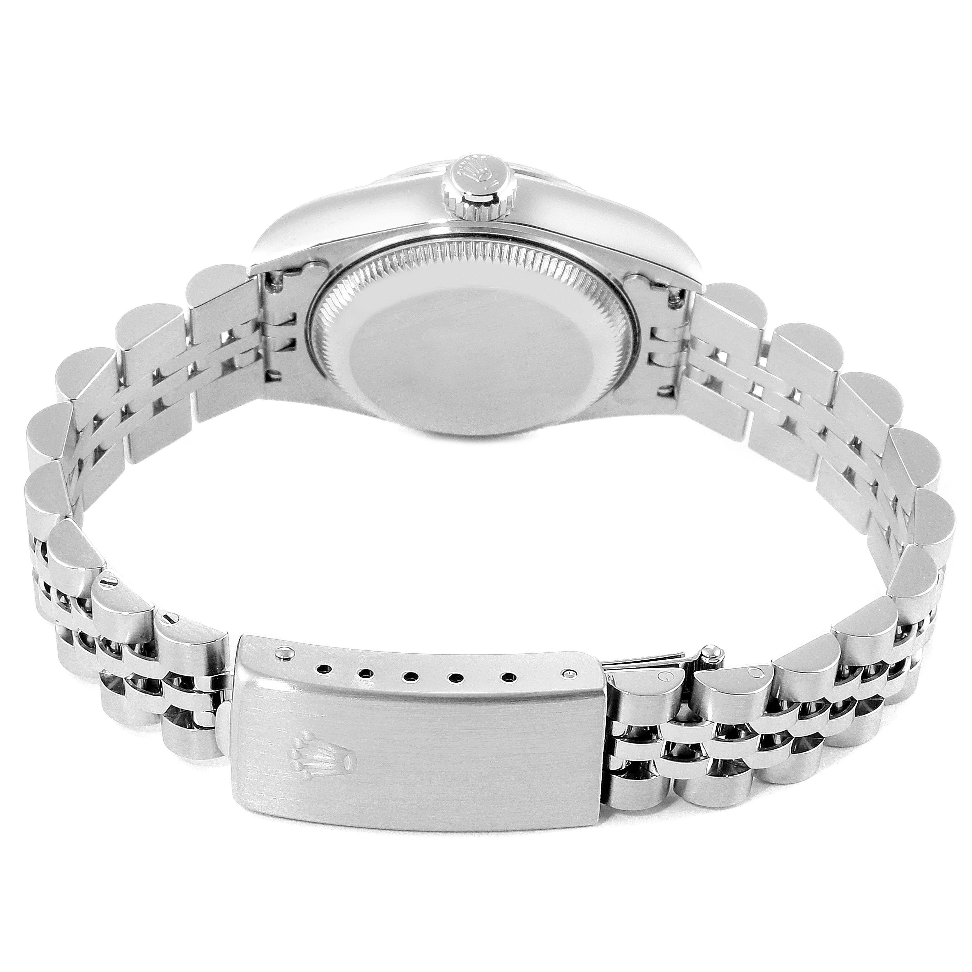 This image shows the back casing and bracelet clasp of a Rolex Datejust 79174 Women's Stainless Steel Silver Dial 79174 Women's Stainless Steel Silver Dial watch from a rear angle.