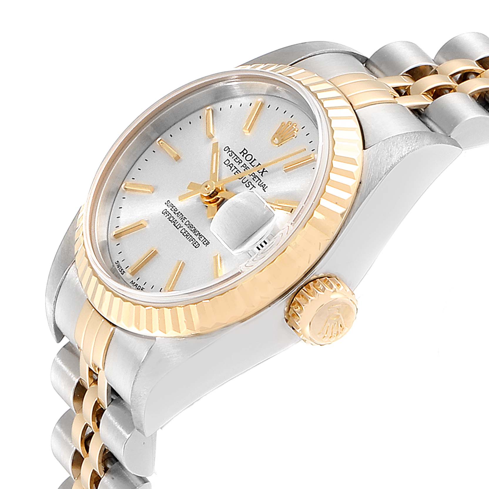 The image shows a Rolex Datejust 79173 Women's Steel and Gold (two tone) Silver Dial 79173 Women's Steel and Gold (two tone) Silver Dial watch at an angled view, highlighting the dial, bezel, crown, and part of the bracelet.