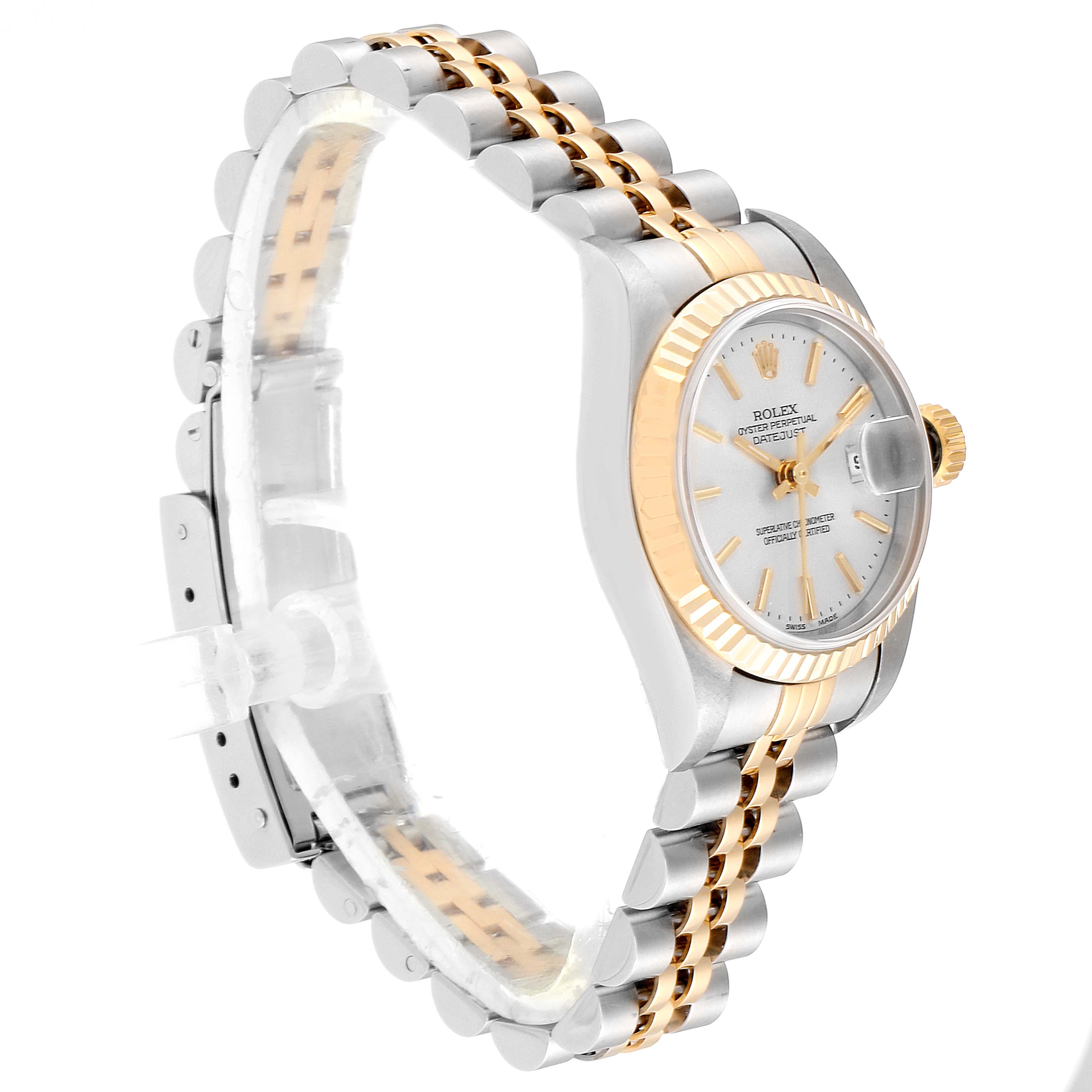 The Rolex Datejust 79173 Women's Steel and Gold (two tone) Silver Dial 79173 Women's Steel and Gold (two tone) Silver Dial watch is shown from a side angle, highlighting its two-tone bracelet, case, and crown.