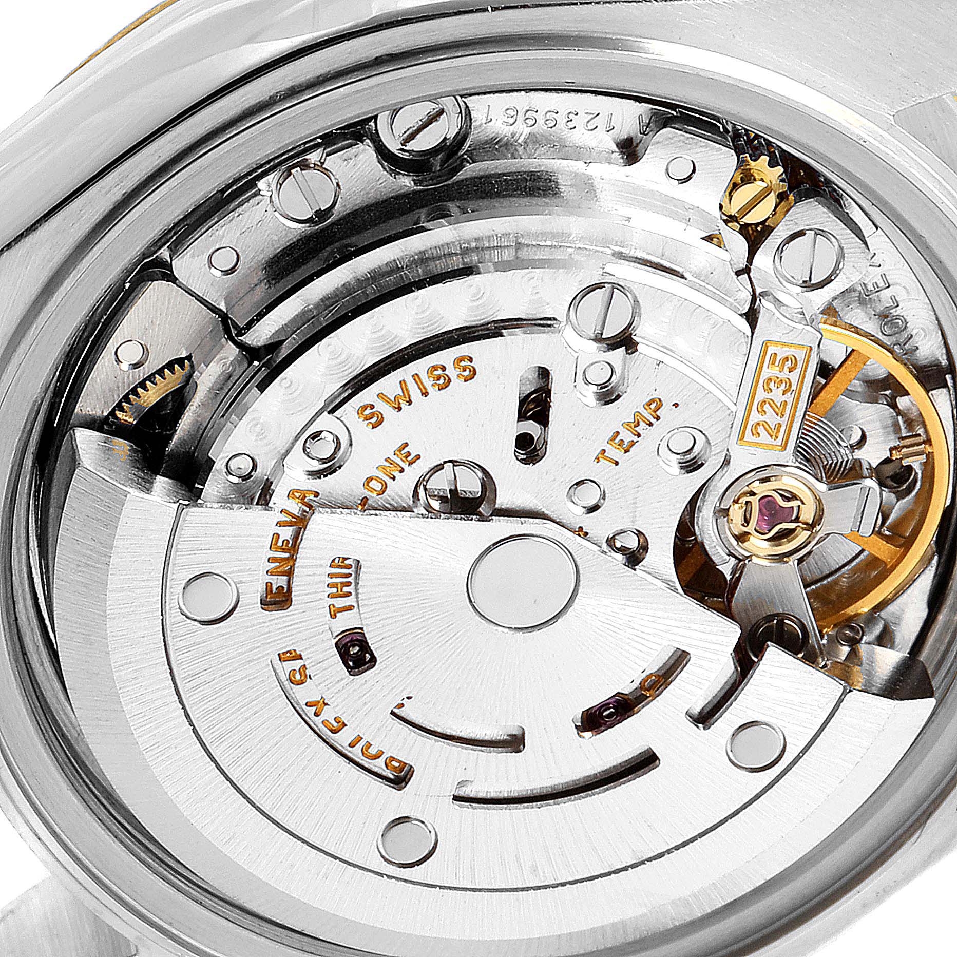 The image shows an internal view of the Rolex Datejust 79173 Women's Steel and Gold (two tone) Silver Dial 79173 Women's Steel and Gold (two tone) Silver Dial watch movement, focusing on the rotor and internal mechanisms.
