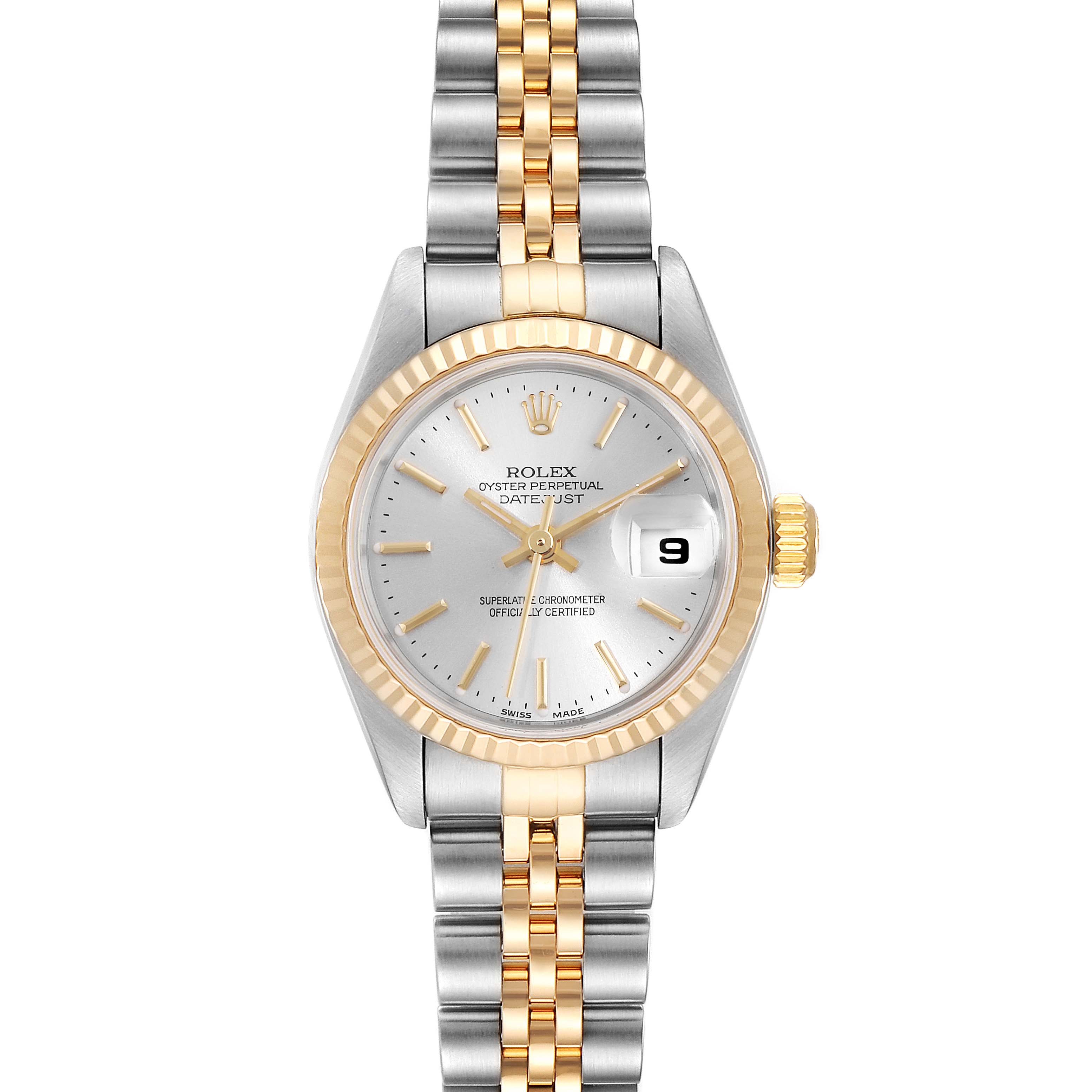 The image shows a front view of a Rolex Datejust 79173 Women's Steel and Gold (two tone) Silver Dial 79173 Women's Steel and Gold (two tone) Silver Dial watch, highlighting its silver and gold jubilee bracelet and fluted bezel.