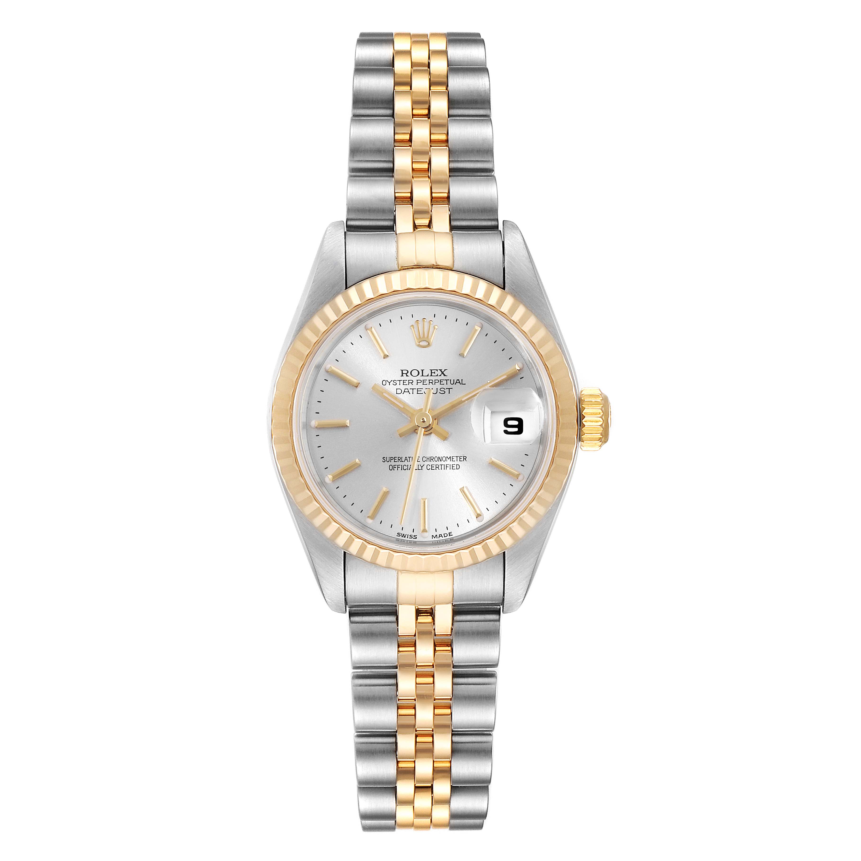 The image shows a front view of a Rolex Datejust 79173 Women's Steel and Gold (two tone) Silver Dial 79173 Women's Steel and Gold (two tone) Silver Dial watch, displaying its face, bracelet, and crown.