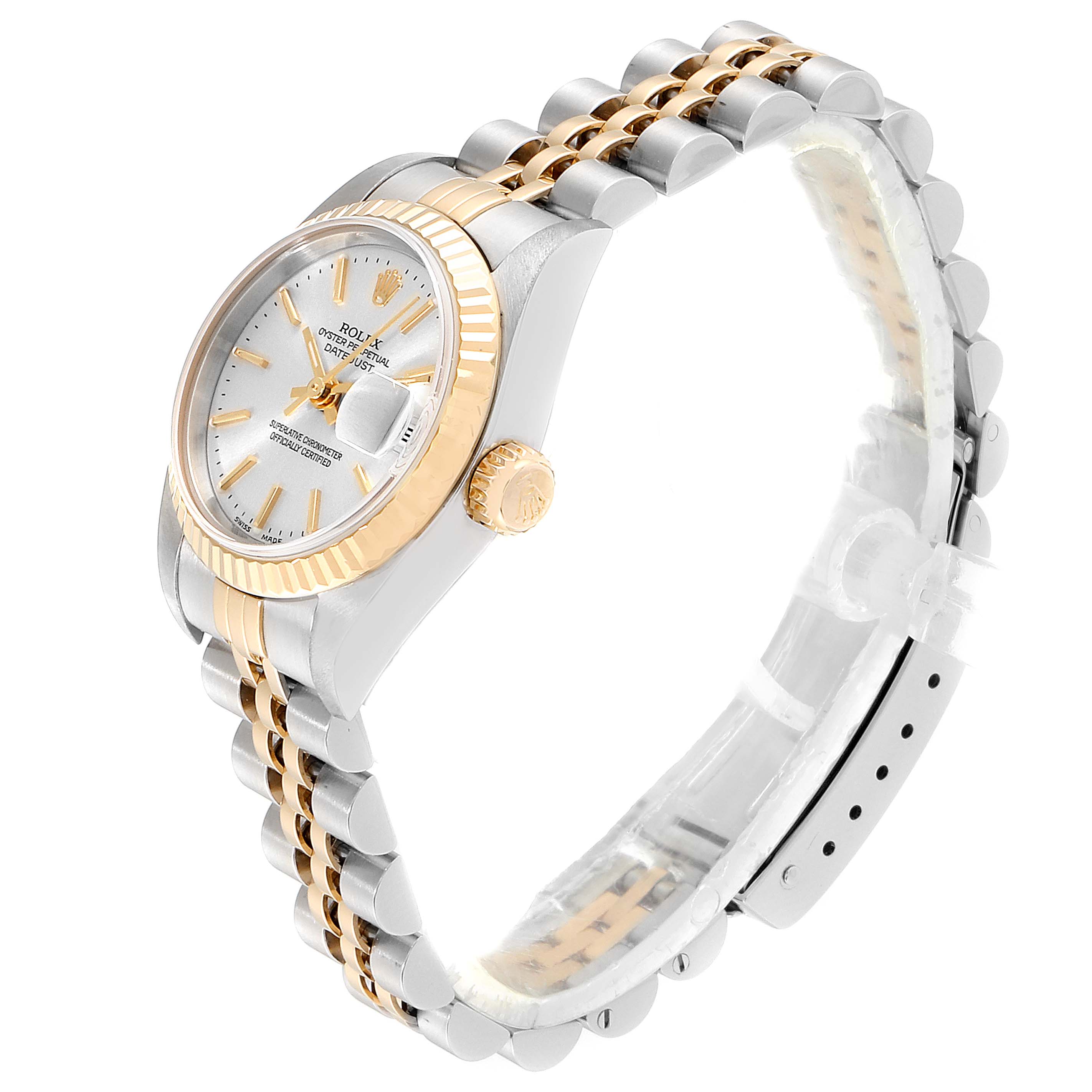The image shows the Rolex Datejust 79173 Women's Steel and Gold (two tone) Silver Dial 79173 Women's Steel and Gold (two tone) Silver Dial watch from a side angle, highlighting its face, fluted bezel, and two-tone Jubilee bracelet.