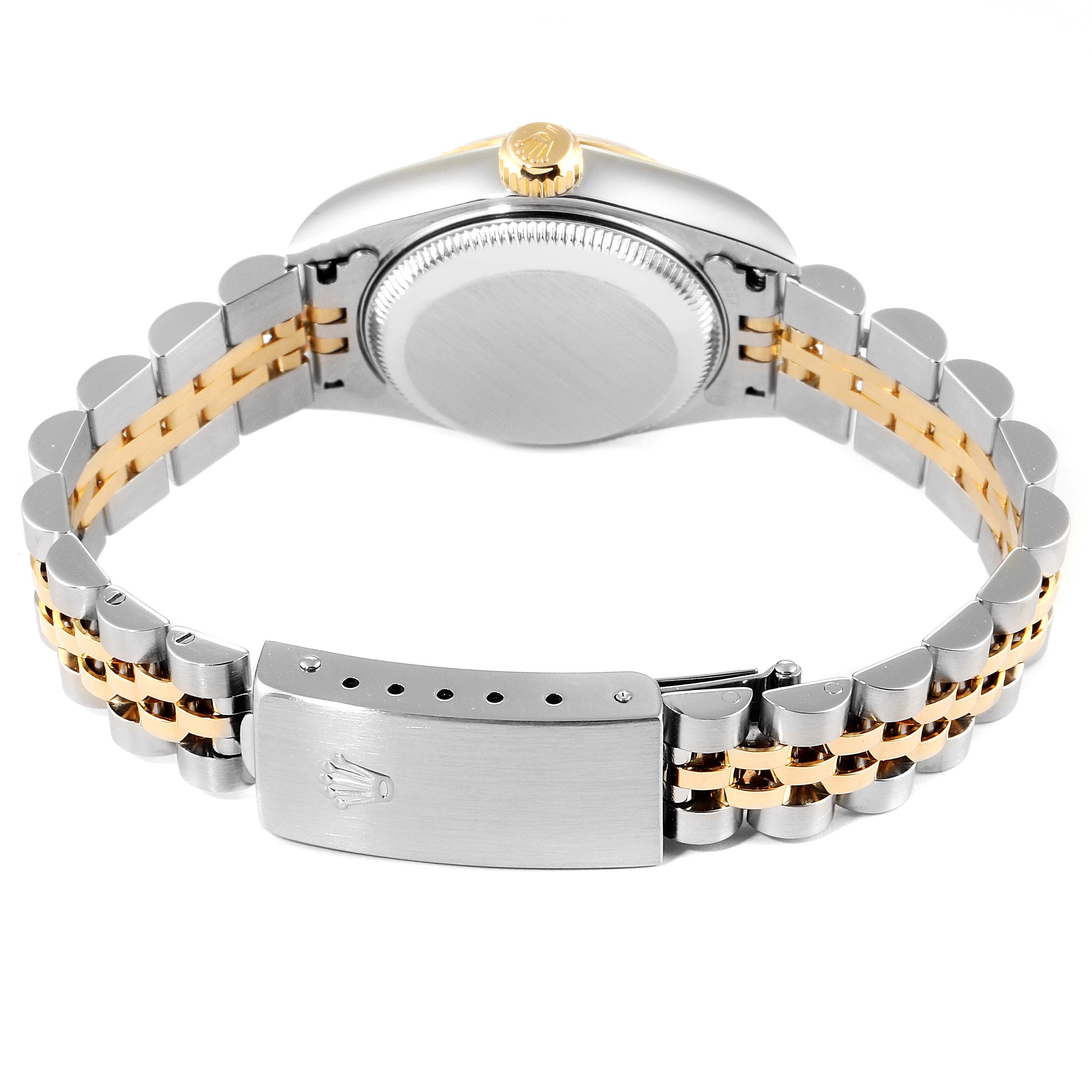 This image shows the back view of a Rolex Datejust 79173 Women's Steel and Gold (two tone) Silver Dial 79173 Women's Steel and Gold (two tone) Silver Dial watch, featuring its case back and two-toned bracelet with clasp.