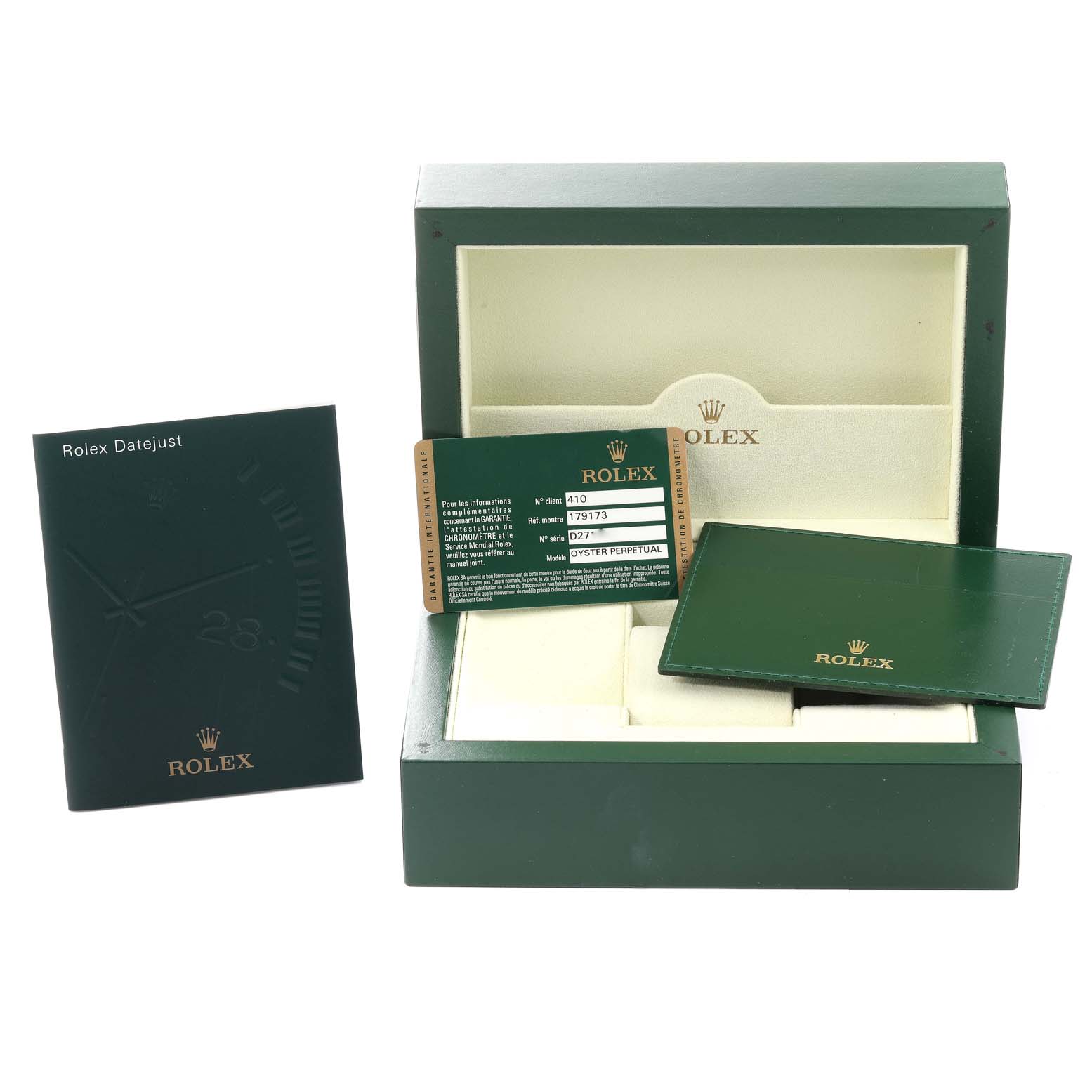 The image shows the packaging, warranty card, and booklet for a Rolex Datejust 179173 Women's Steel and Gold (two tone) Silver Dial 179173 Women's Steel and Gold (two tone) Silver Dial watch.