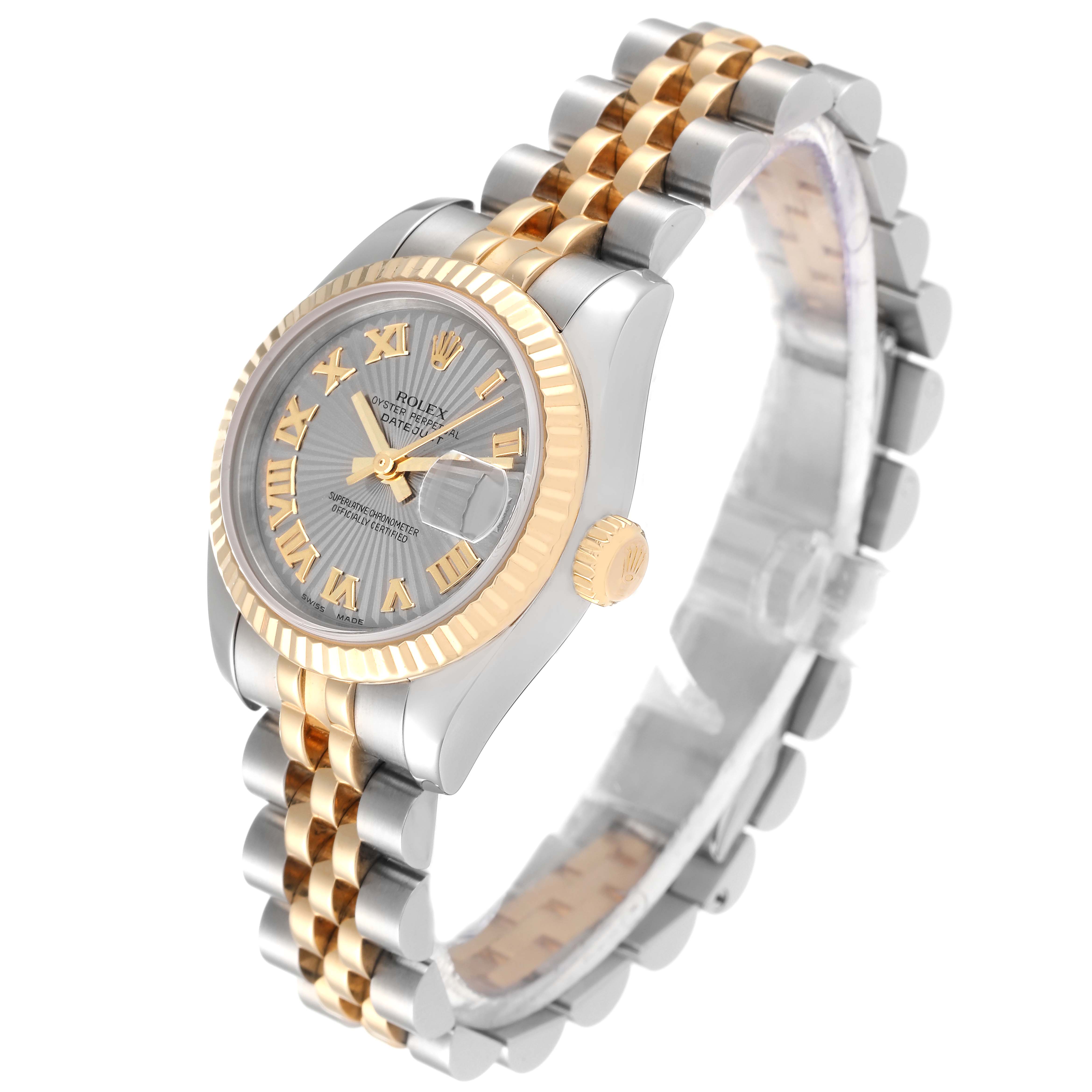 This image shows a Rolex Datejust 179173 Women's Steel and Gold (two tone) Silver Dial 179173 Women's Steel and Gold (two tone) Silver Dial watch at an angled side view, highlighting its two-tone bracelet and face.