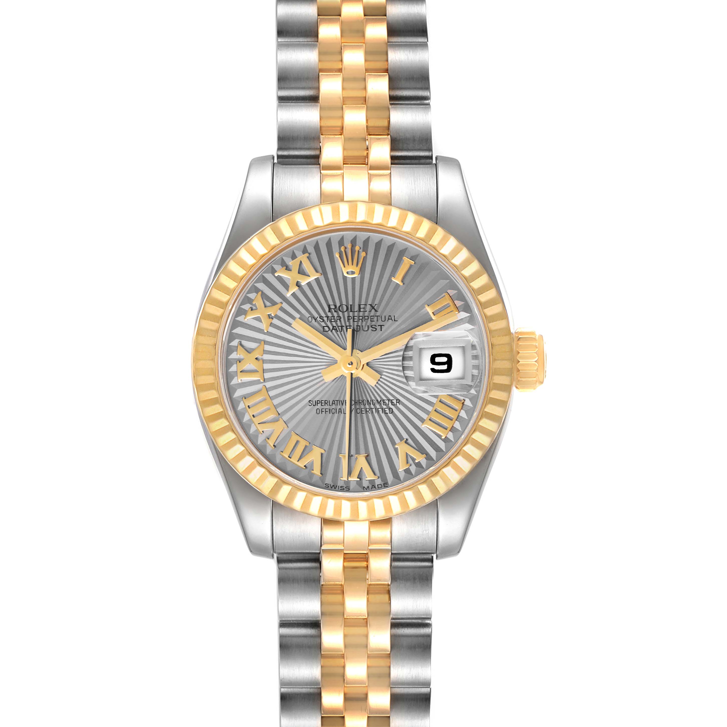 The image shows a front-facing view of a Rolex Datejust 179173 Women's Steel and Gold (two tone) Silver Dial 179173 Women's Steel and Gold (two tone) Silver Dial watch, highlighting the bezel, dial, hands, date window, and bracelet.
