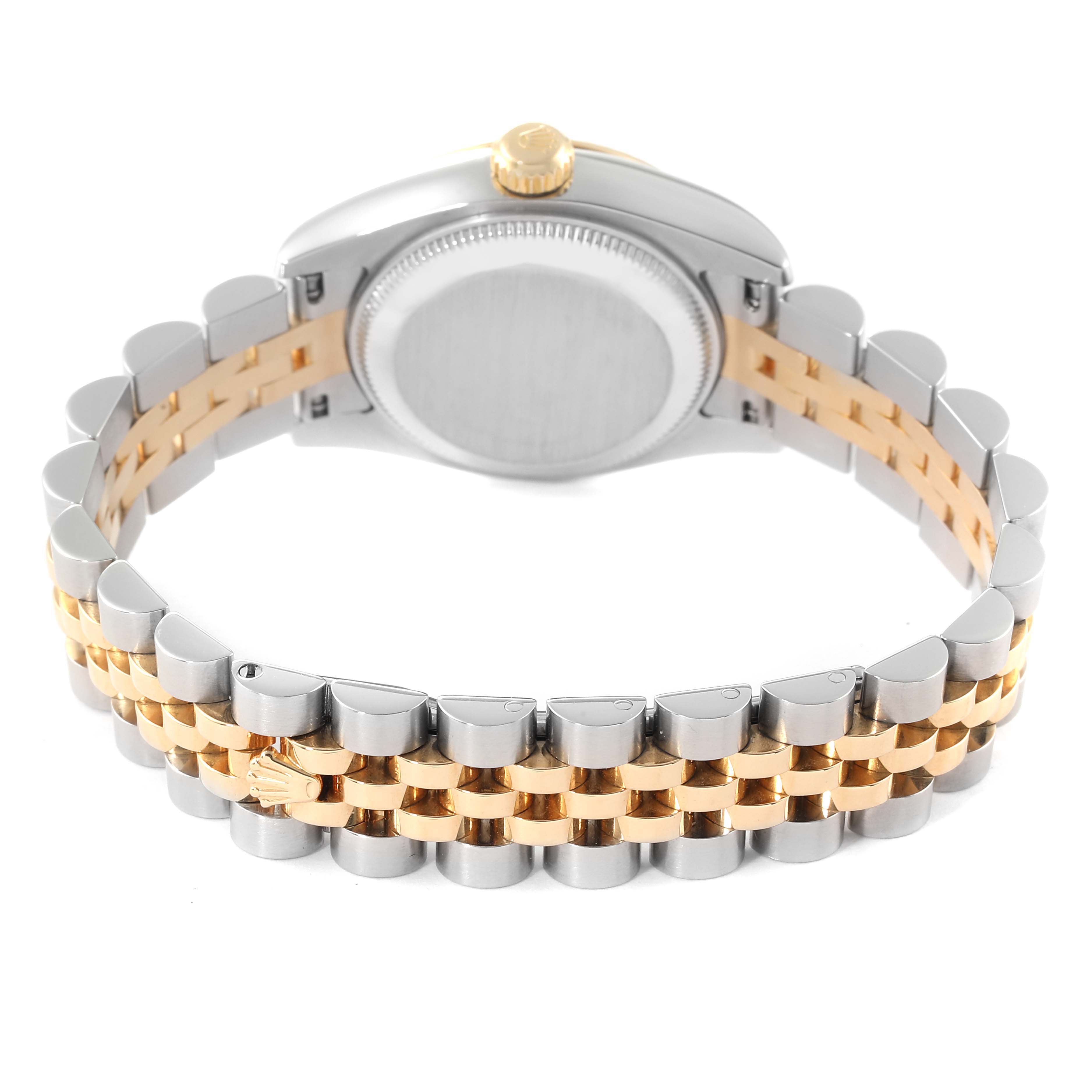 The image shows the back view of a Rolex Datejust 179173 Women's Steel and Gold (two tone) Silver Dial 179173 Women's Steel and Gold (two tone) Silver Dial watch, highlighting its two-tone bracelet and case back.