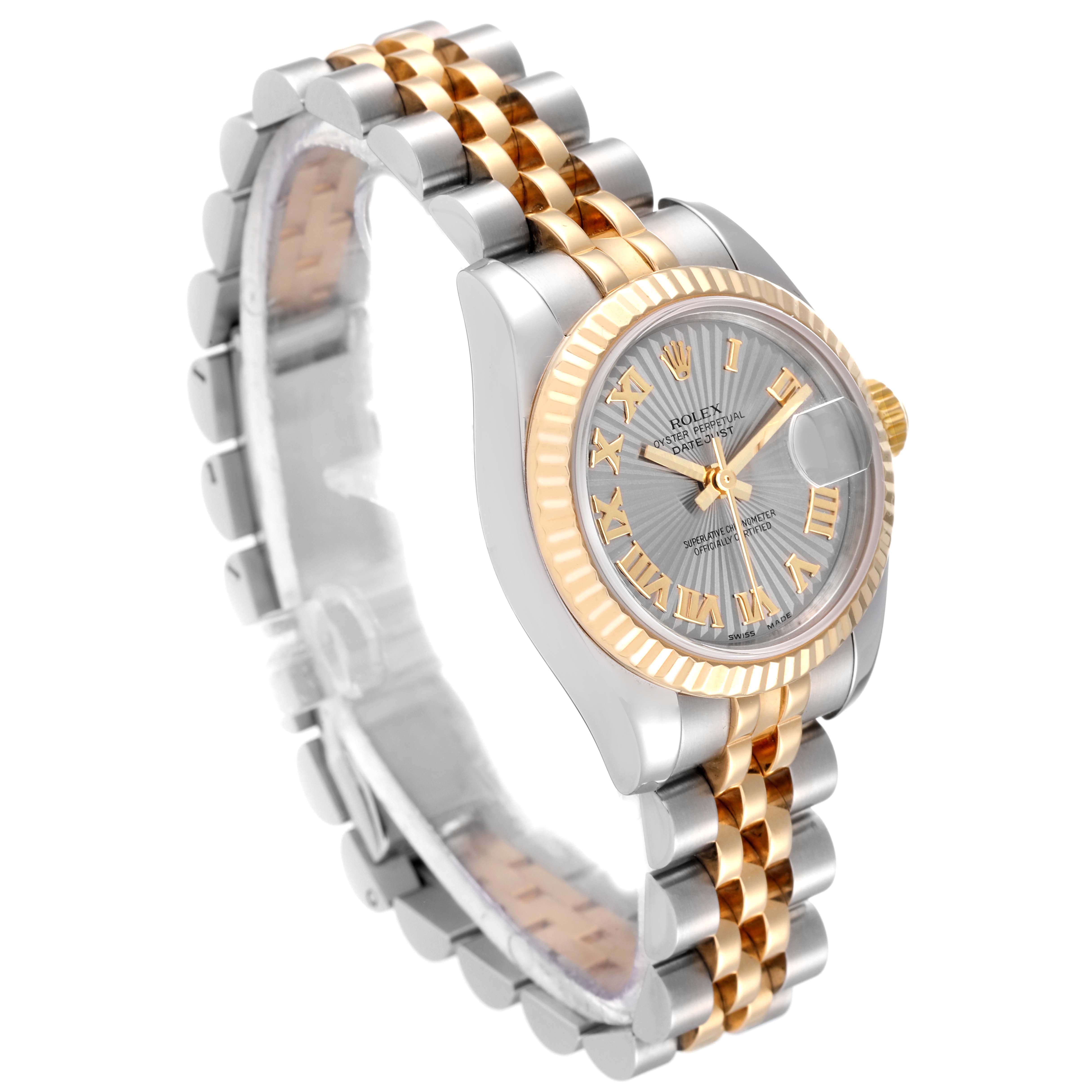 The Rolex Datejust 179173 Women's Steel and Gold (two tone) Silver Dial 179173 Women's Steel and Gold (two tone) Silver Dial watch is shown at a slight angle, displaying its face, bracelet, and fluted bezel.