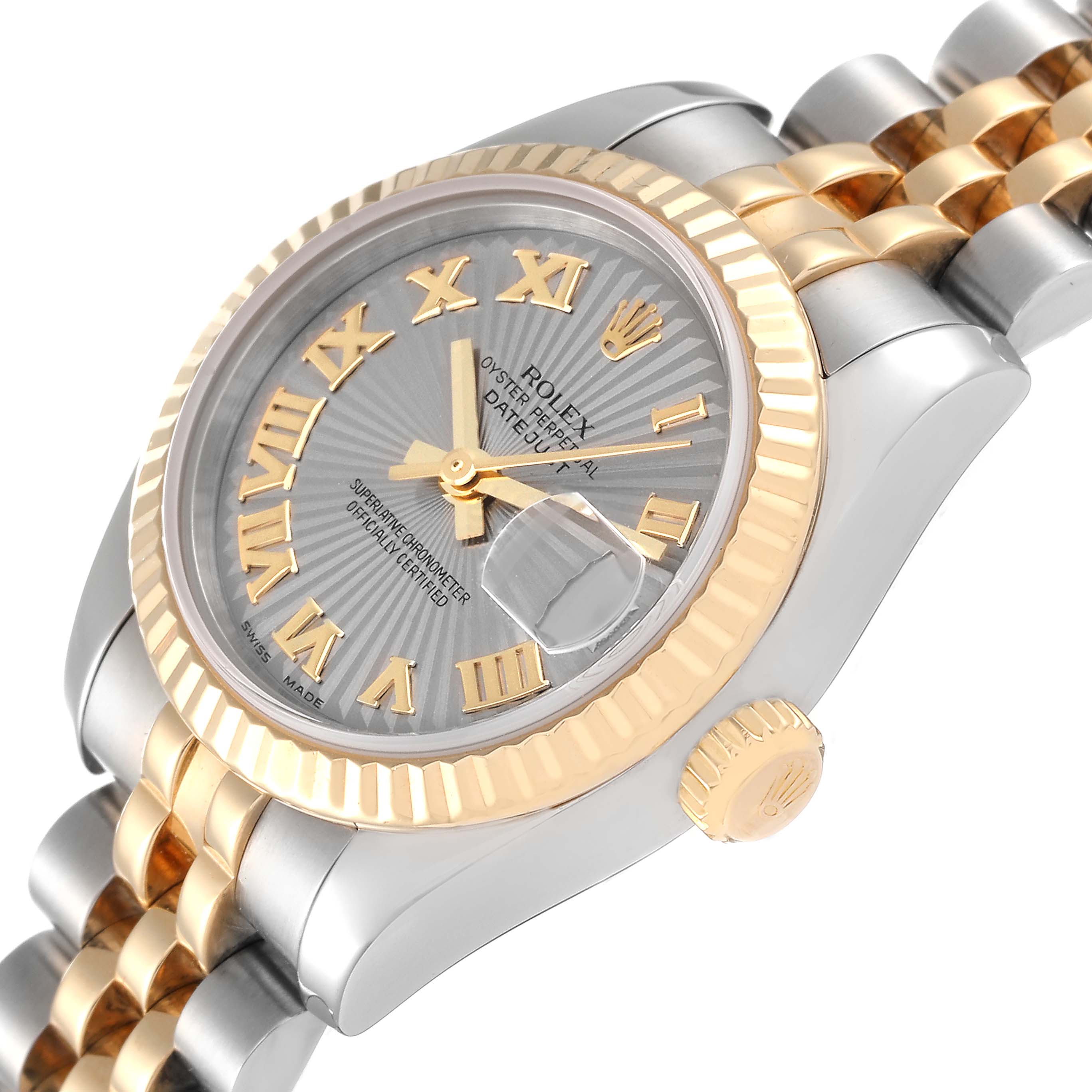 This image shows a close-up, angled view of the Rolex Datejust 179173 Women's Steel and Gold (two tone) Silver Dial 179173 Women's Steel and Gold (two tone) Silver Dial watch, highlighting the bezel, dial, and part of the bracelet.