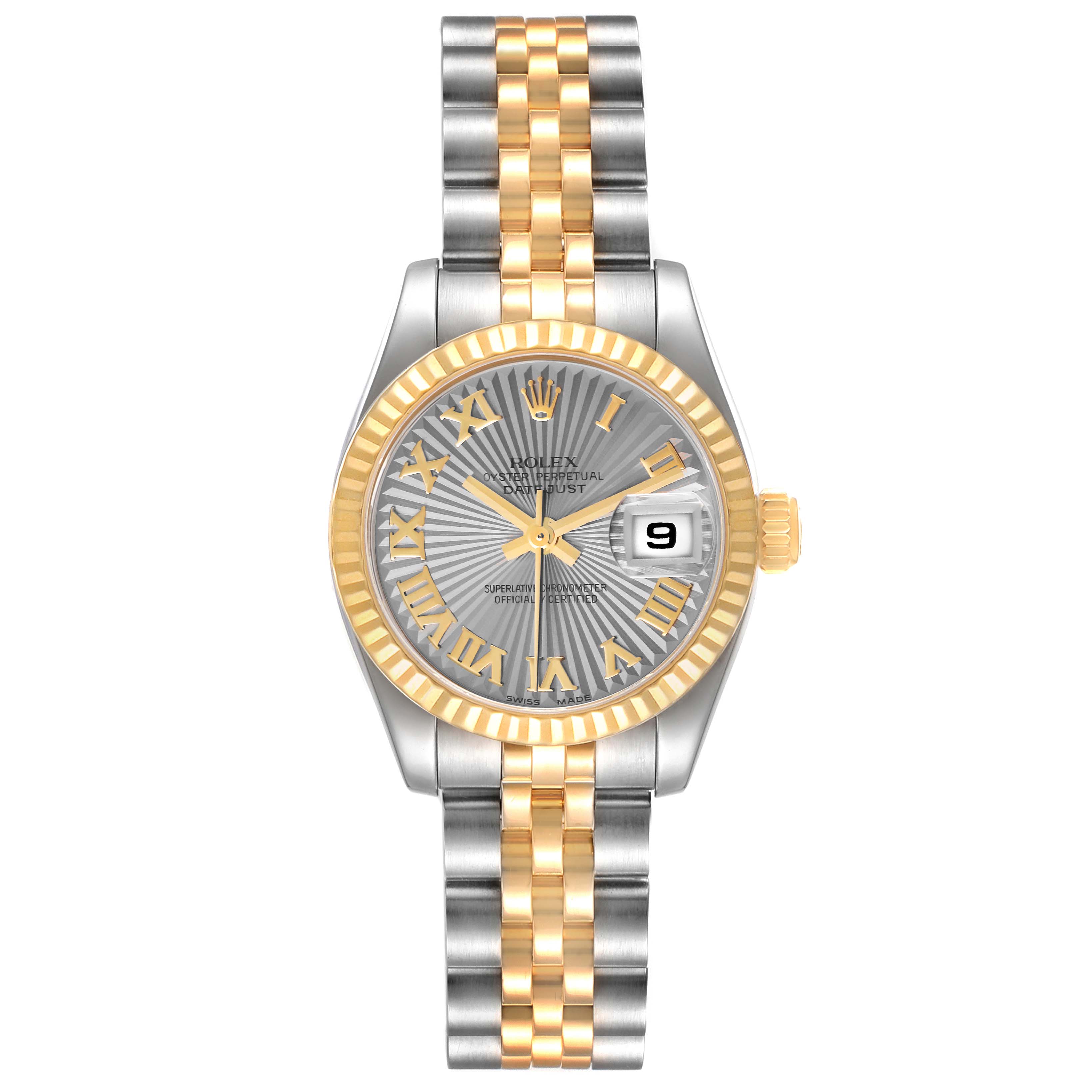 This Rolex Datejust 179173 Women's Steel and Gold (two tone) Silver Dial 179173 Women's Steel and Gold (two tone) Silver Dial watch is shown from a front view highlighting its dial, bezel, and bracelet.