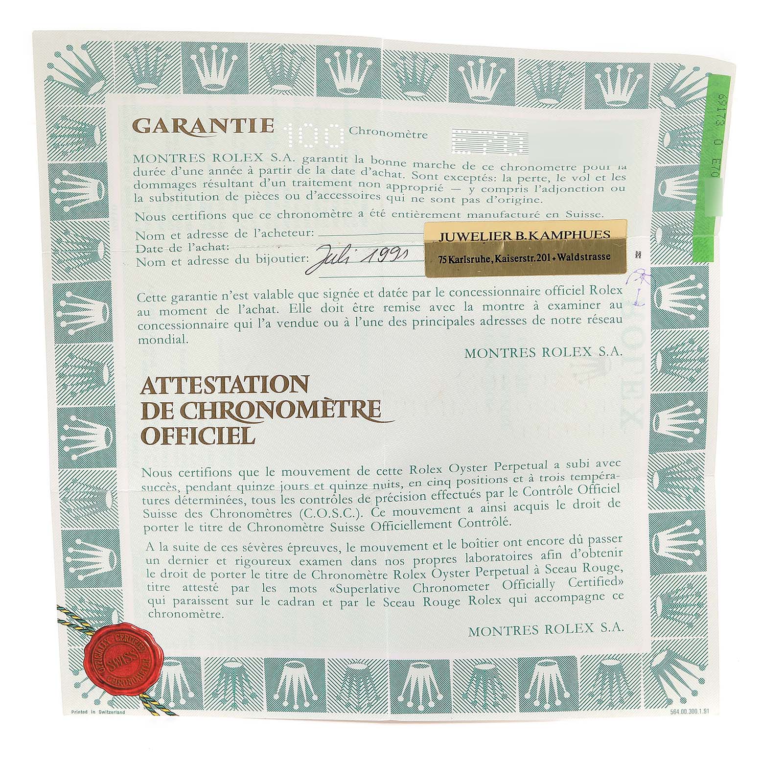 The image shows the official chronometer certification and warranty paperwork for a Rolex Datejust 69173 Women's Steel and Gold (two tone) Champagne Dial 69173 Women's Steel and Gold (two tone) Champagne Dial model.