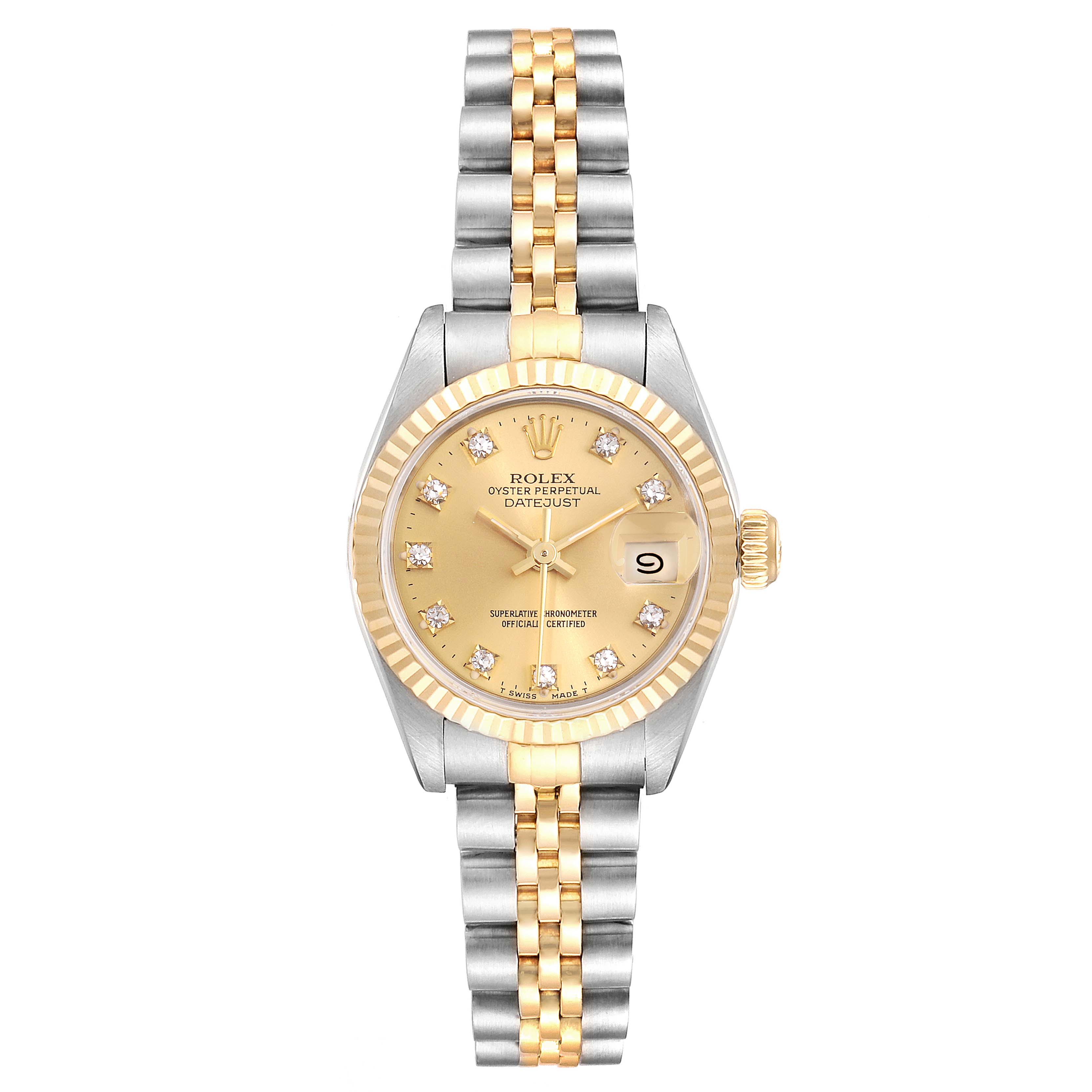 This image shows a frontal view of a Rolex Datejust 69173 Women's Steel and Gold (two tone) Champagne Dial 69173 Women's Steel and Gold (two tone) Champagne Dial watch, highlighting its dual-tone bracelet, bezel, and dial with date display.