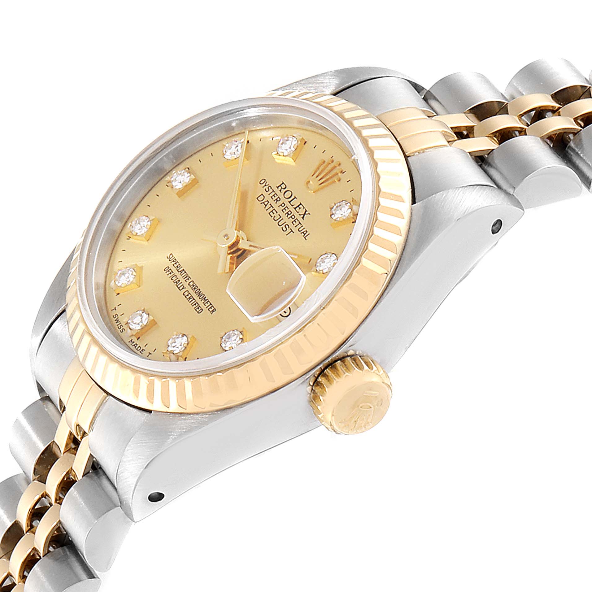 The image shows a side angle of the Rolex Datejust 69173 Women's Steel and Gold (two tone) Champagne Dial 69173 Women's Steel and Gold (two tone) Champagne Dial, featuring the dial, crown, bezel, and part of the bracelet.