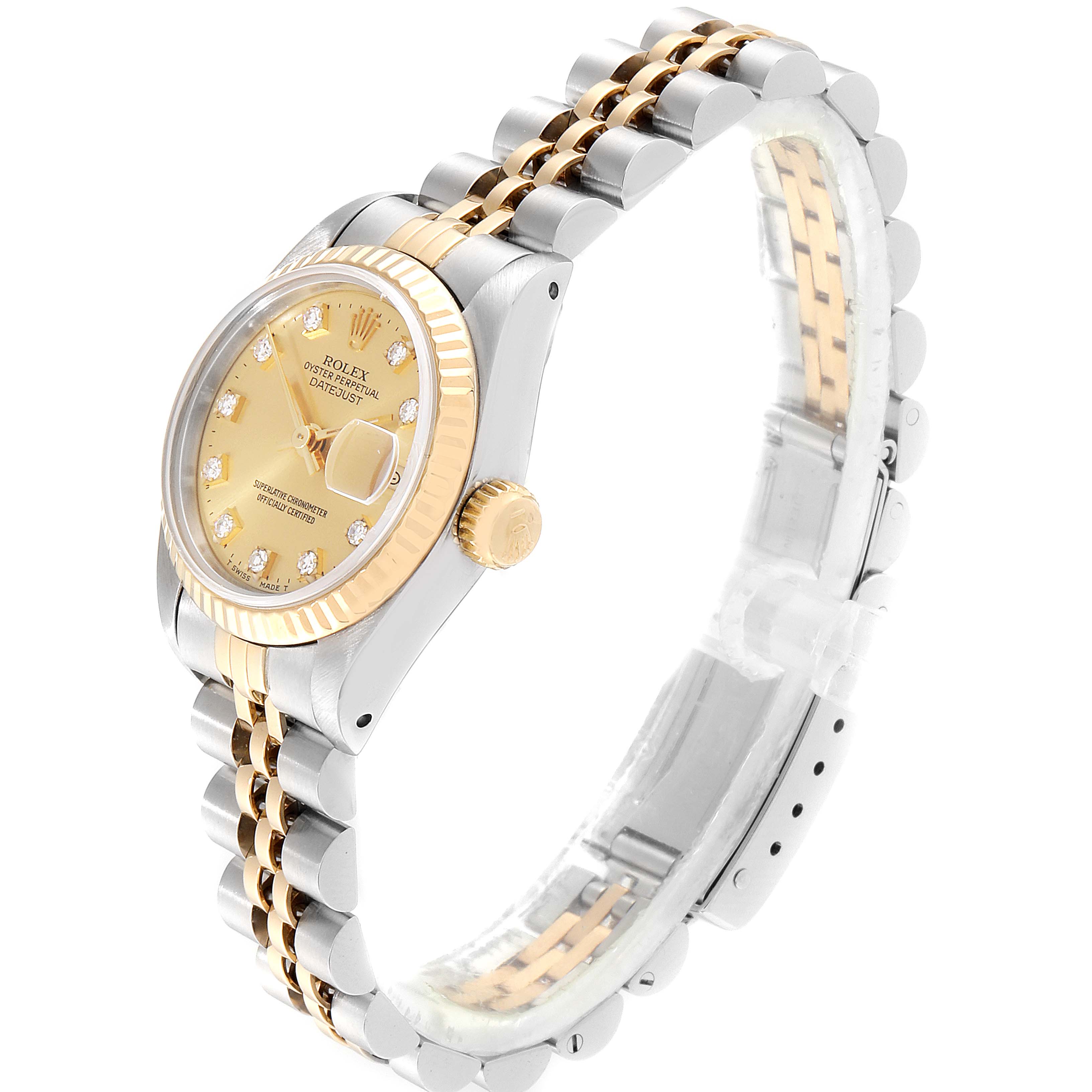 This Rolex Datejust 69173 Women's Steel and Gold (two tone) Champagne Dial 69173 Women's Steel and Gold (two tone) Champagne Dial model is shown at a three-quarter angle, highlighting the bezel, crown, face, and jubilee bracelet.