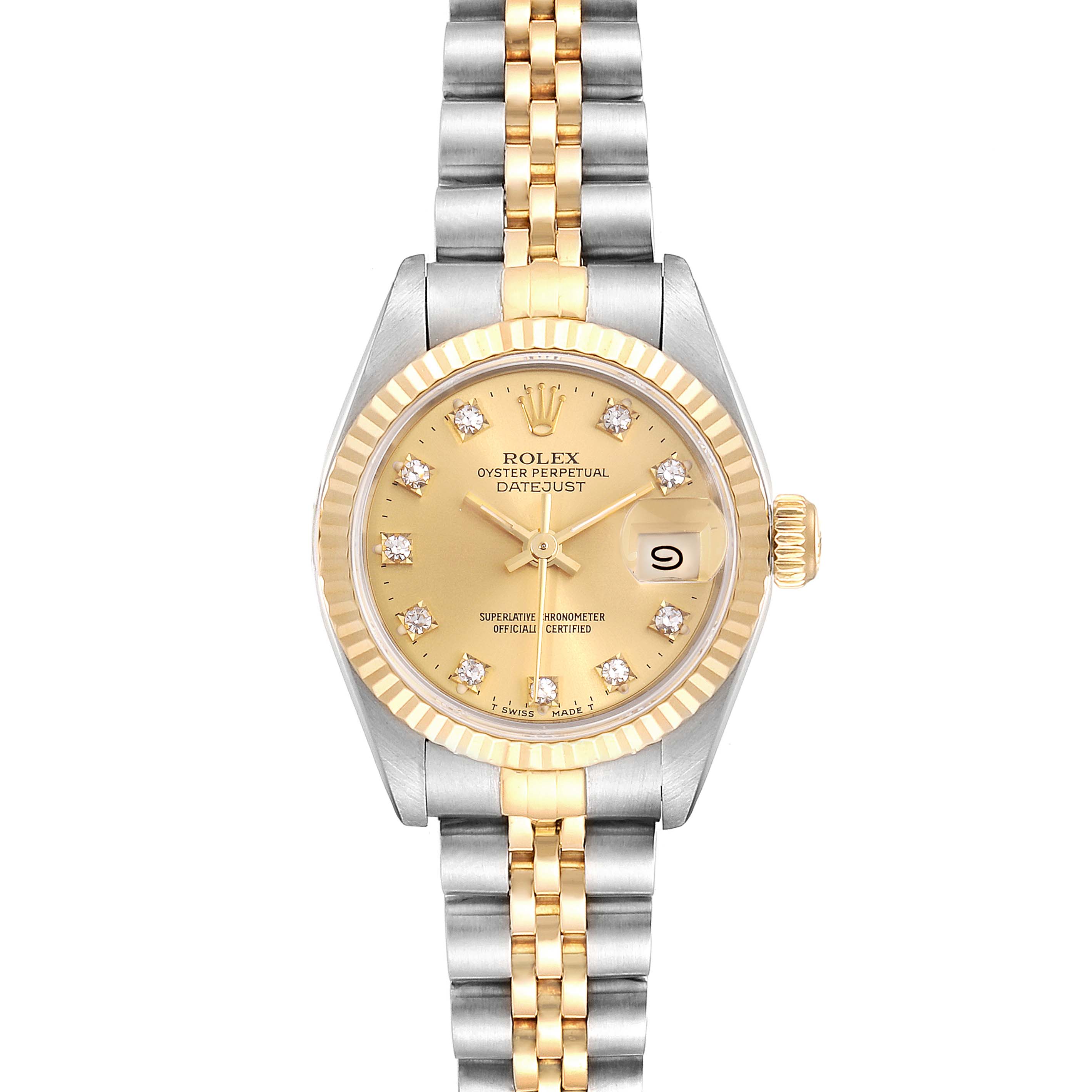 This image shows a front view of a Rolex Datejust 69173 Women's Steel and Gold (two tone) Champagne Dial 69173 Women's Steel and Gold (two tone) Champagne Dial watch, featuring a gold and silver bracelet, fluted bezel, and diamond hour markers.