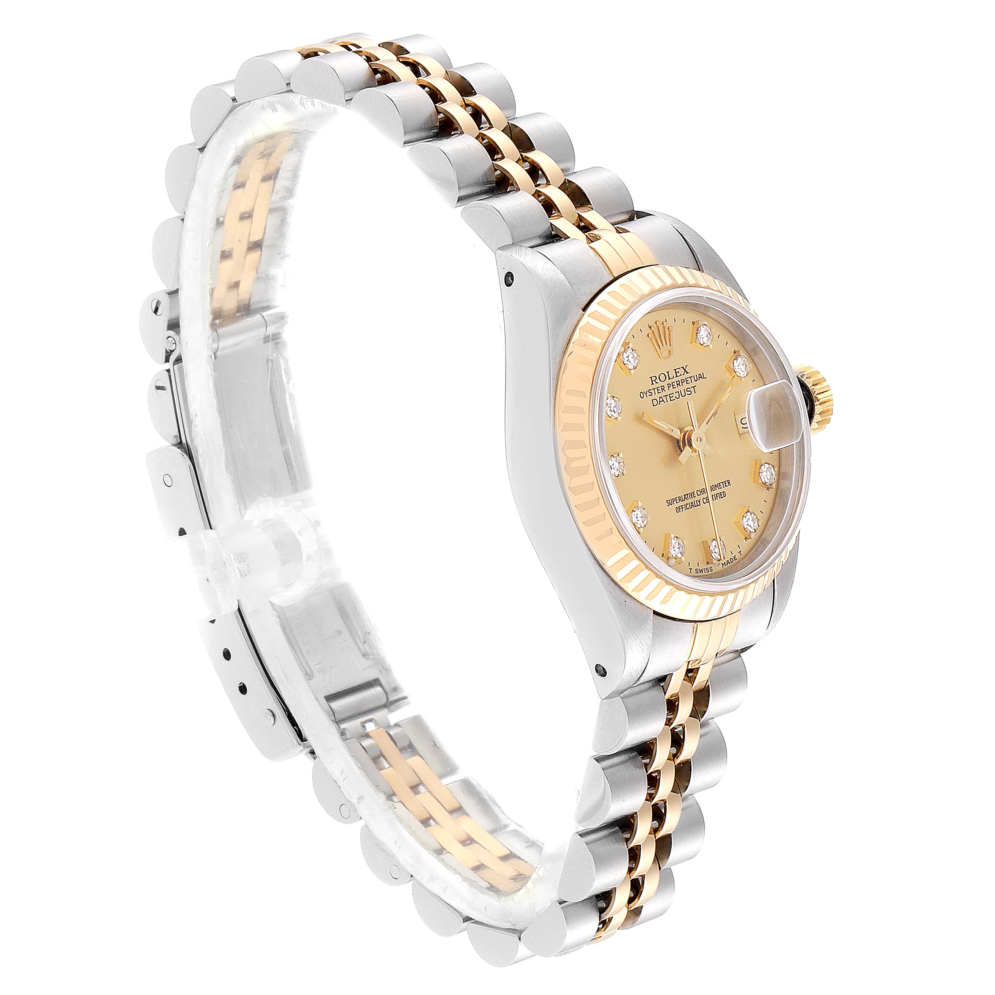 The image shows a side angle of a Rolex Datejust 69173 Women's Steel and Gold (two tone) Champagne Dial 69173 Women's Steel and Gold (two tone) Champagne Dial watch, highlighting its two-tone bracelet, bezel, and dial.