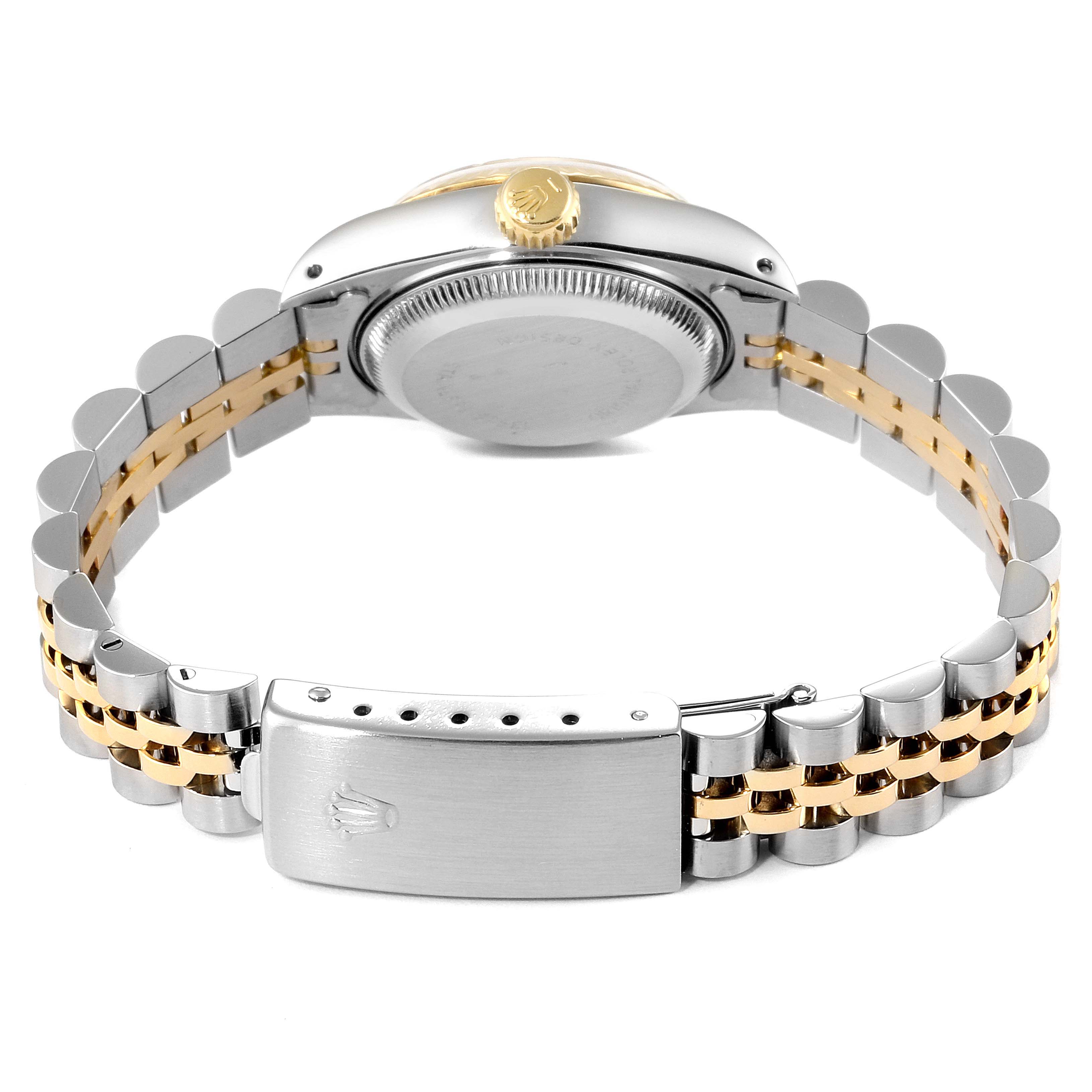 This image shows the back and side view of a Rolex Datejust 69173 Women's Steel and Gold (two tone) Champagne Dial 69173 Women's Steel and Gold (two tone) Champagne Dial watch with its caseback, crown, and bracelet.