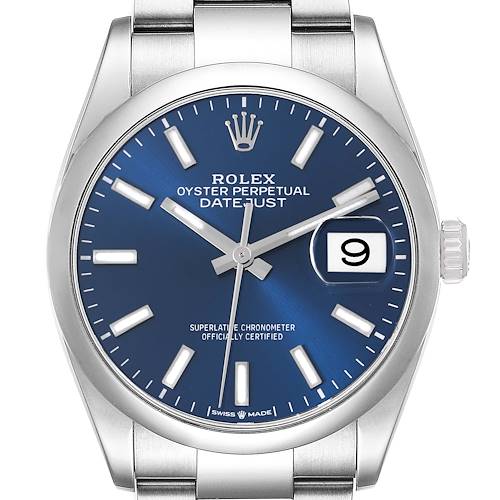 The image shows a front view of a Rolex Datejust watch with a blue dial and stainless steel bracelet.