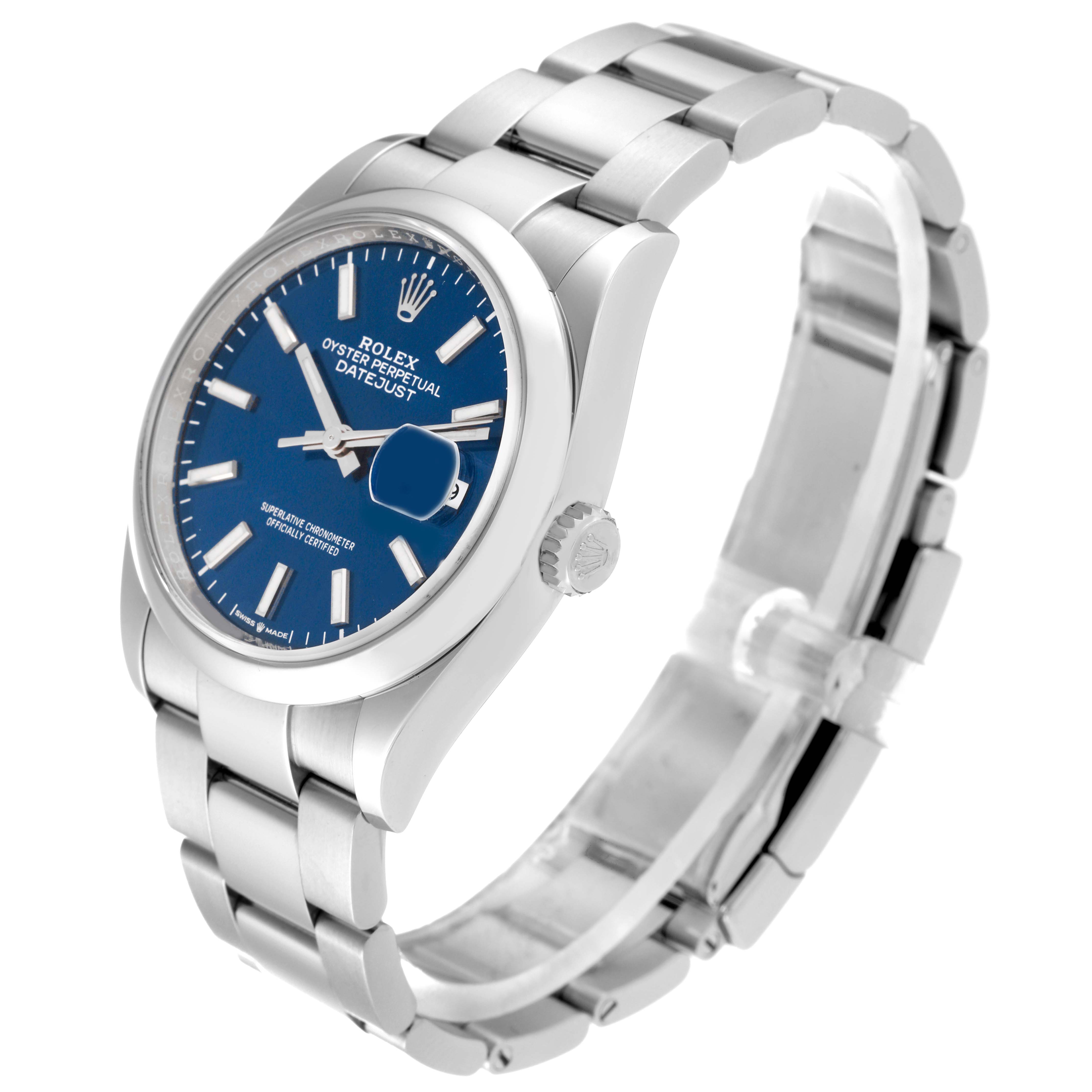 The Rolex Datejust 126200 Men
s Stainless Steel Blue Dial 126200 Men
s Stainless Steel Blue Dial watch is shown at a slight angle displaying the face, bezel, crown, and part of the bracelet.