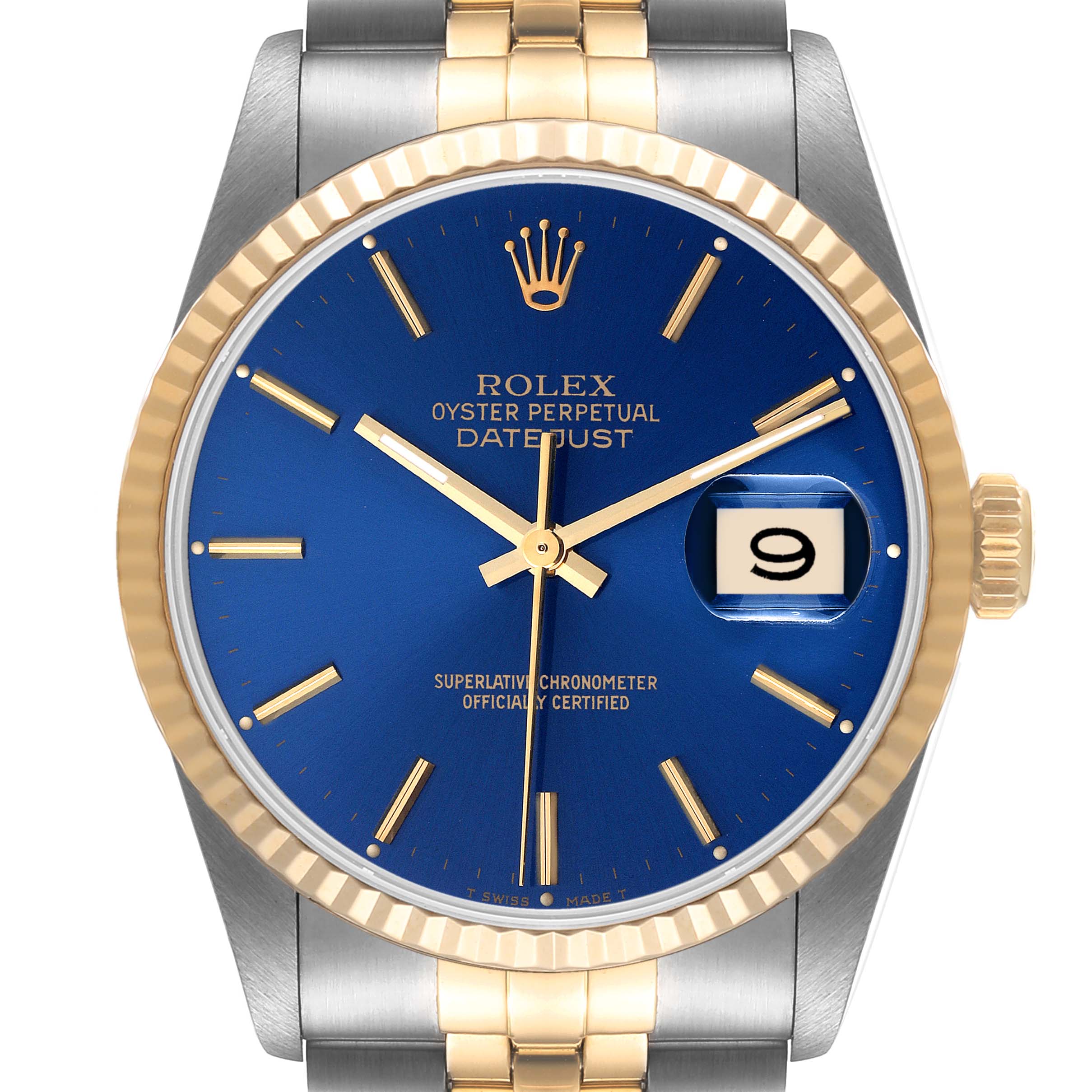 The Rolex Datejust 16233 Men's Steel and Gold (two tone) Blue Dial 16233 Men's Steel and Gold (two tone) Blue Dial watch is shown from the front, highlighting the blue dial, gold fluted bezel, date window, and two-tone bracelet.