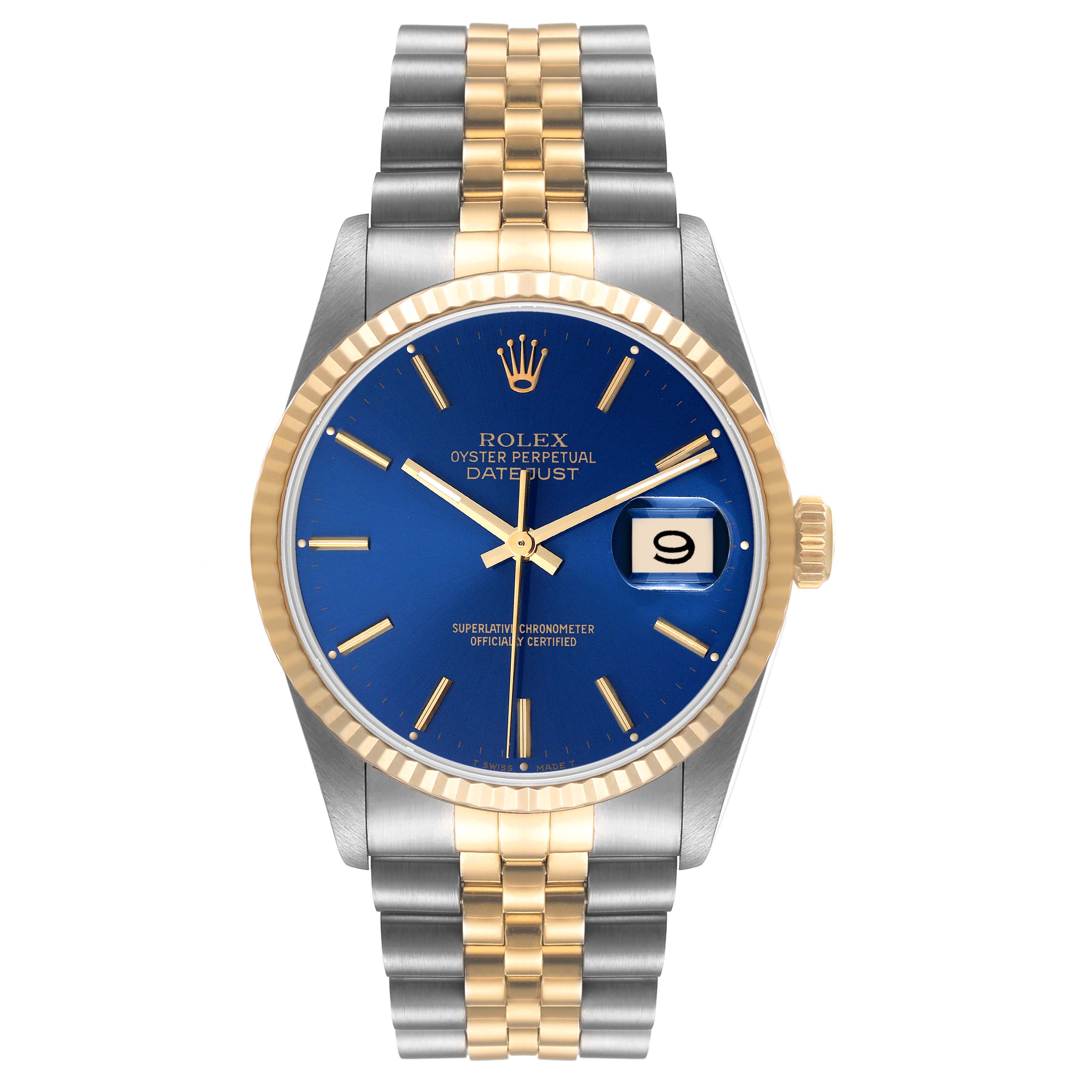The image shows the front view of a Rolex Datejust 16233 Men's Steel and Gold (two tone) Blue Dial 16233 Men's Steel and Gold (two tone) Blue Dial watch, highlighting its blue dial, date window, and two-tone bracelet.