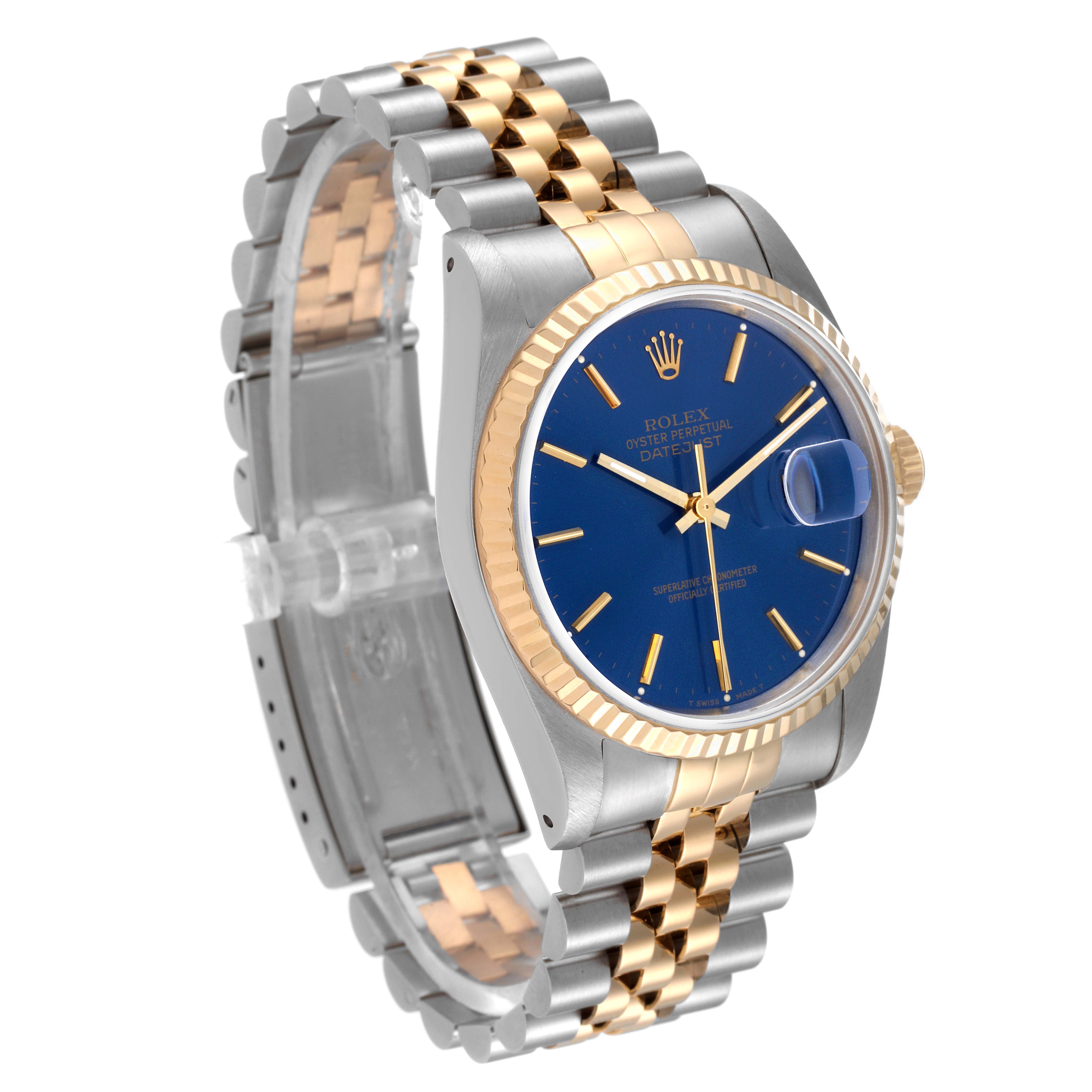 The image shows a Rolex Datejust 16233 Men's Steel and Gold (two tone) Blue Dial 16233 Men's Steel and Gold (two tone) Blue Dial watch at an angled view, displaying the face, bezel, and part of the bracelet.