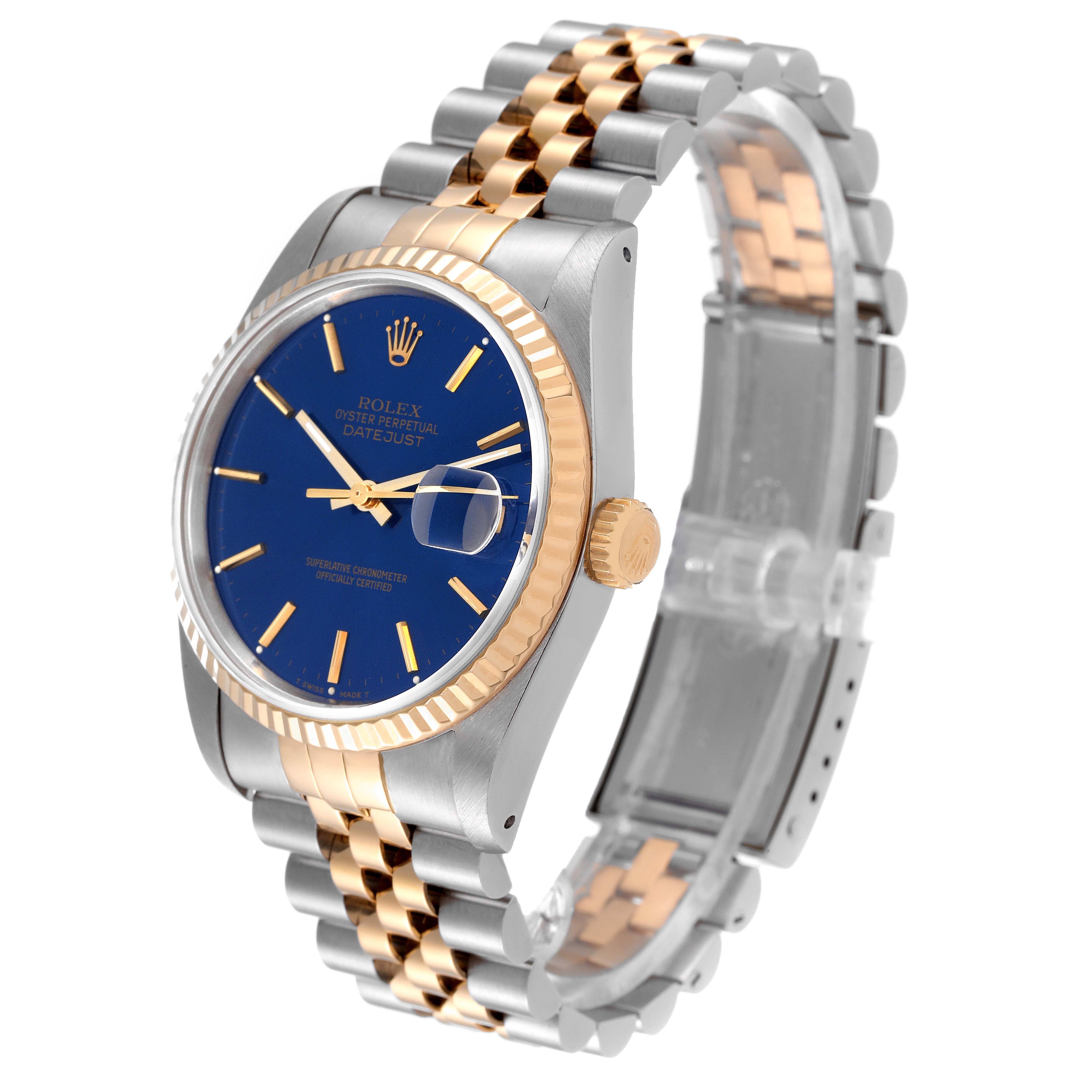 The image shows a Rolex Datejust 16233 Men's Steel and Gold (two tone) Blue Dial 16233 Men's Steel and Gold (two tone) Blue Dial watch at an angle displaying the face, bezel, crown, and two-tone bracelet.