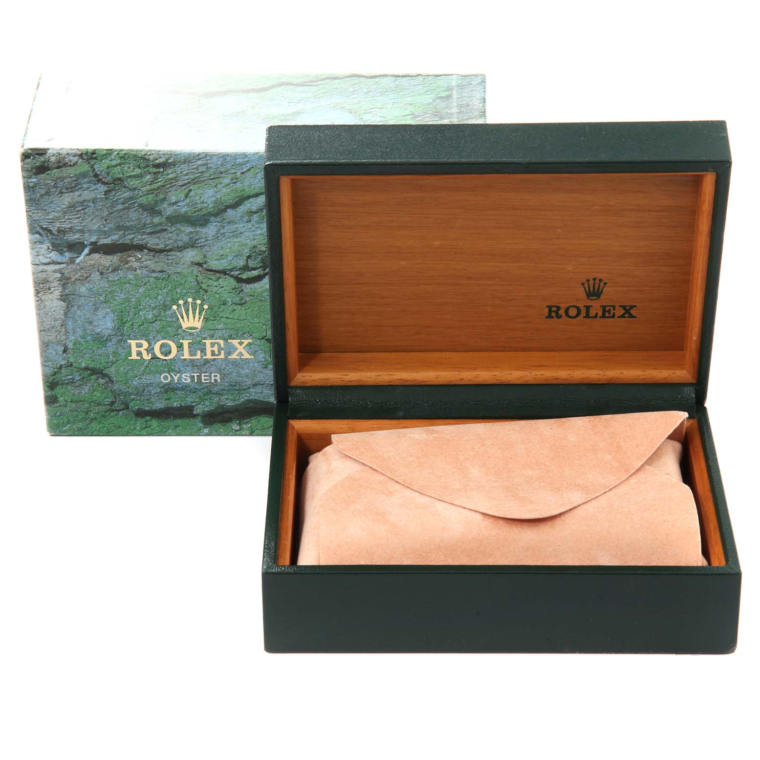 The image shows an open Rolex Datejust 16234 Men's Stainless Steel White Dial 16234 Men's Stainless Steel White Dial watch box with a green exterior and a brown interior, containing a wrapped watch.