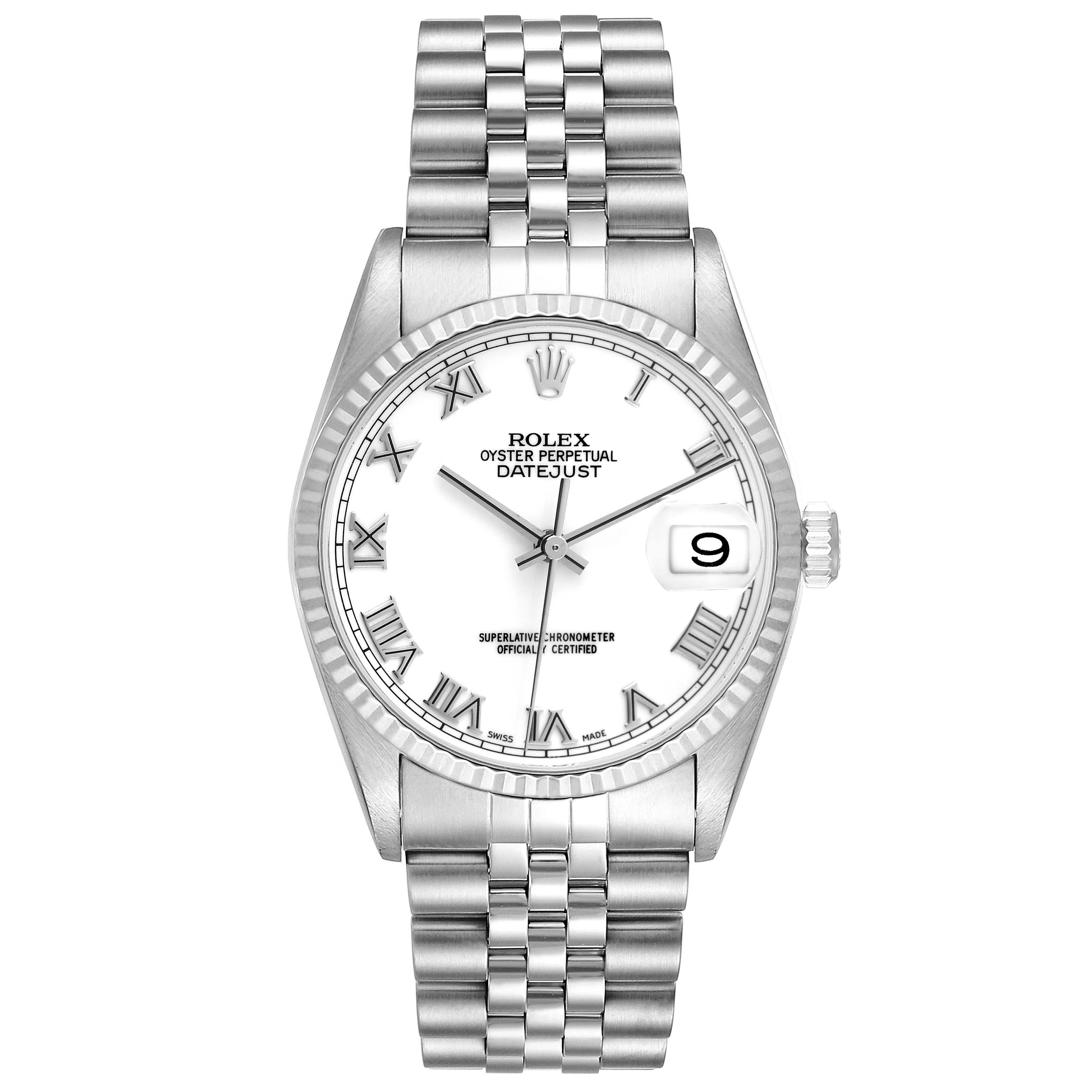 This Rolex Datejust 16234 Men's Stainless Steel White Dial 16234 Men's Stainless Steel White Dial watch is shown from a front angle, highlighting its white dial, Roman numeral markers, and Jubilee bracelet.