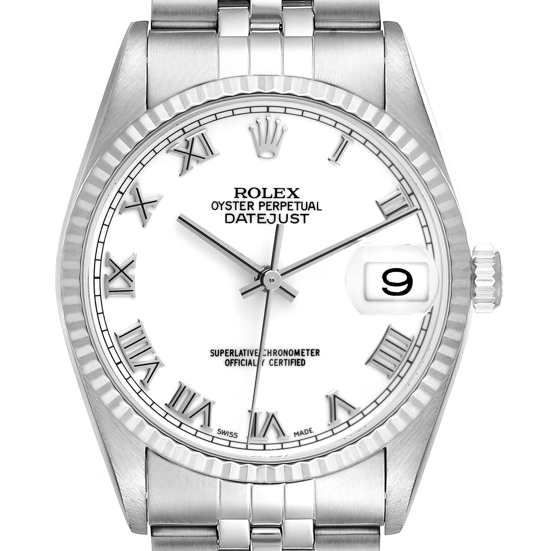 This image shows a front view of a Rolex Datejust 16234 Men's Stainless Steel White Dial 16234 Men's Stainless Steel White Dial watch, highlighting the dial, bracelet, bezel, and crown.