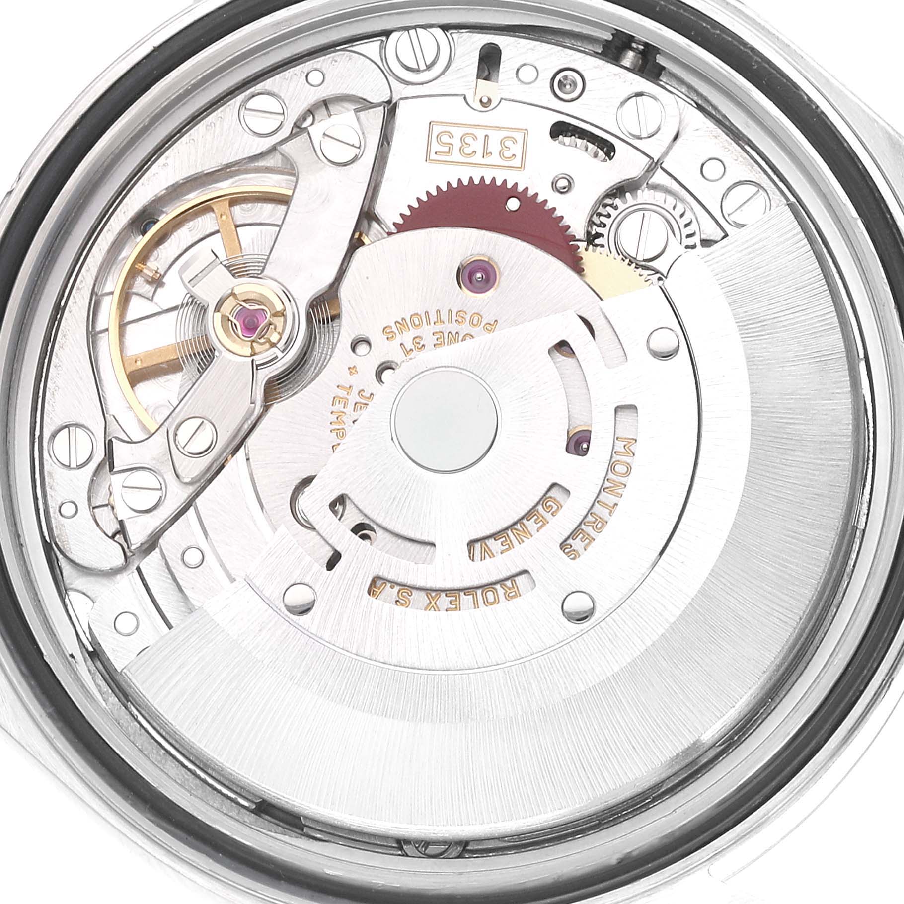 This image shows the internal mechanism of a Rolex Datejust 16234 Men's Stainless Steel White Dial 16234 Men's Stainless Steel White Dial watch, focusing on the movement and intricate parts.