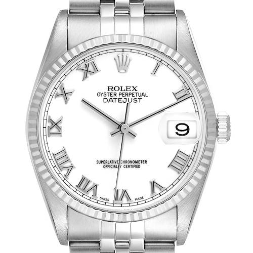 Photo of Rolex Datejust 36 Steel White Gold Roman Dial Mens Watch 16234 Papers