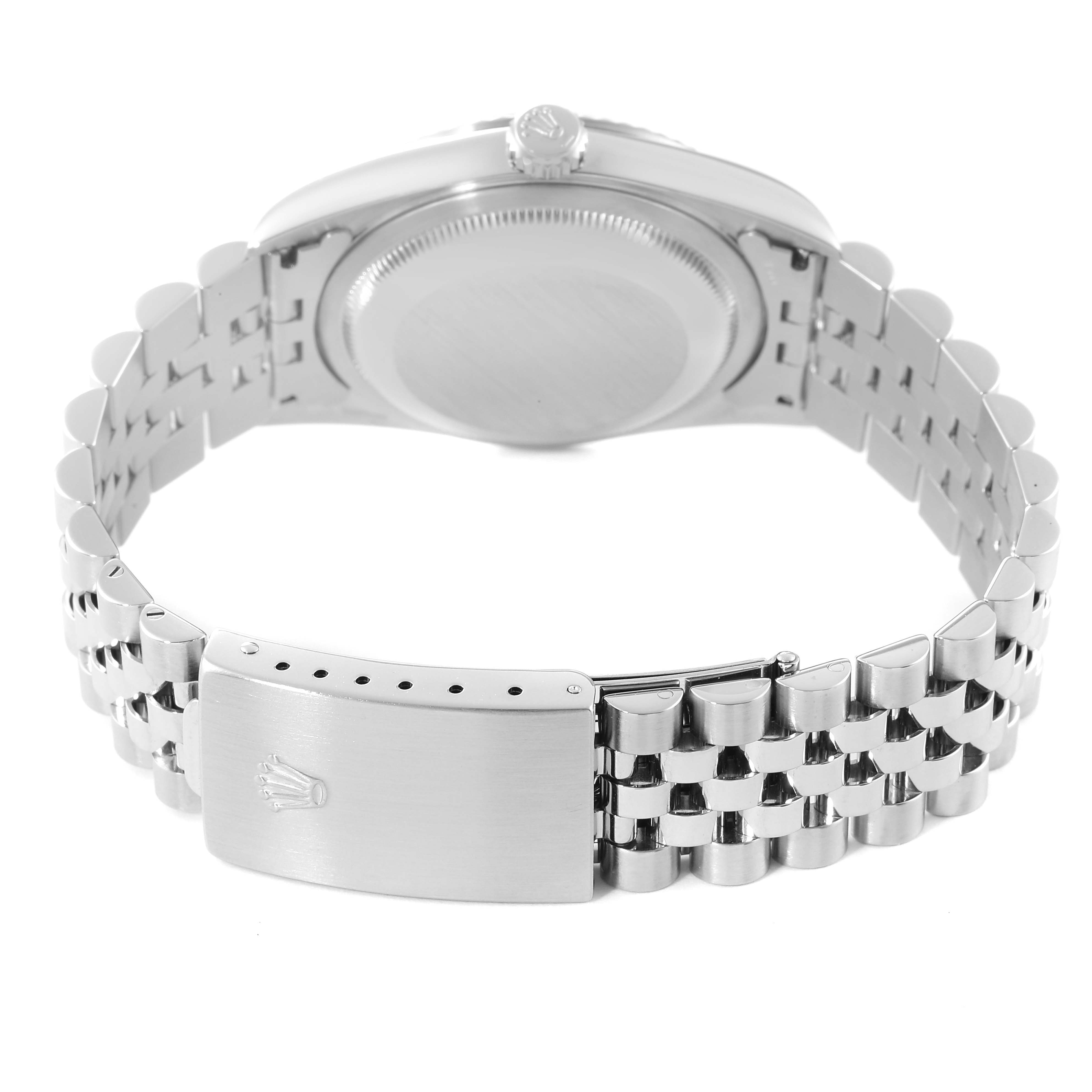 The image shows the backside of the case and the bracelet clasp of a Rolex Datejust 16234 Men's Stainless Steel White Dial 16234 Men's Stainless Steel White Dial watch.