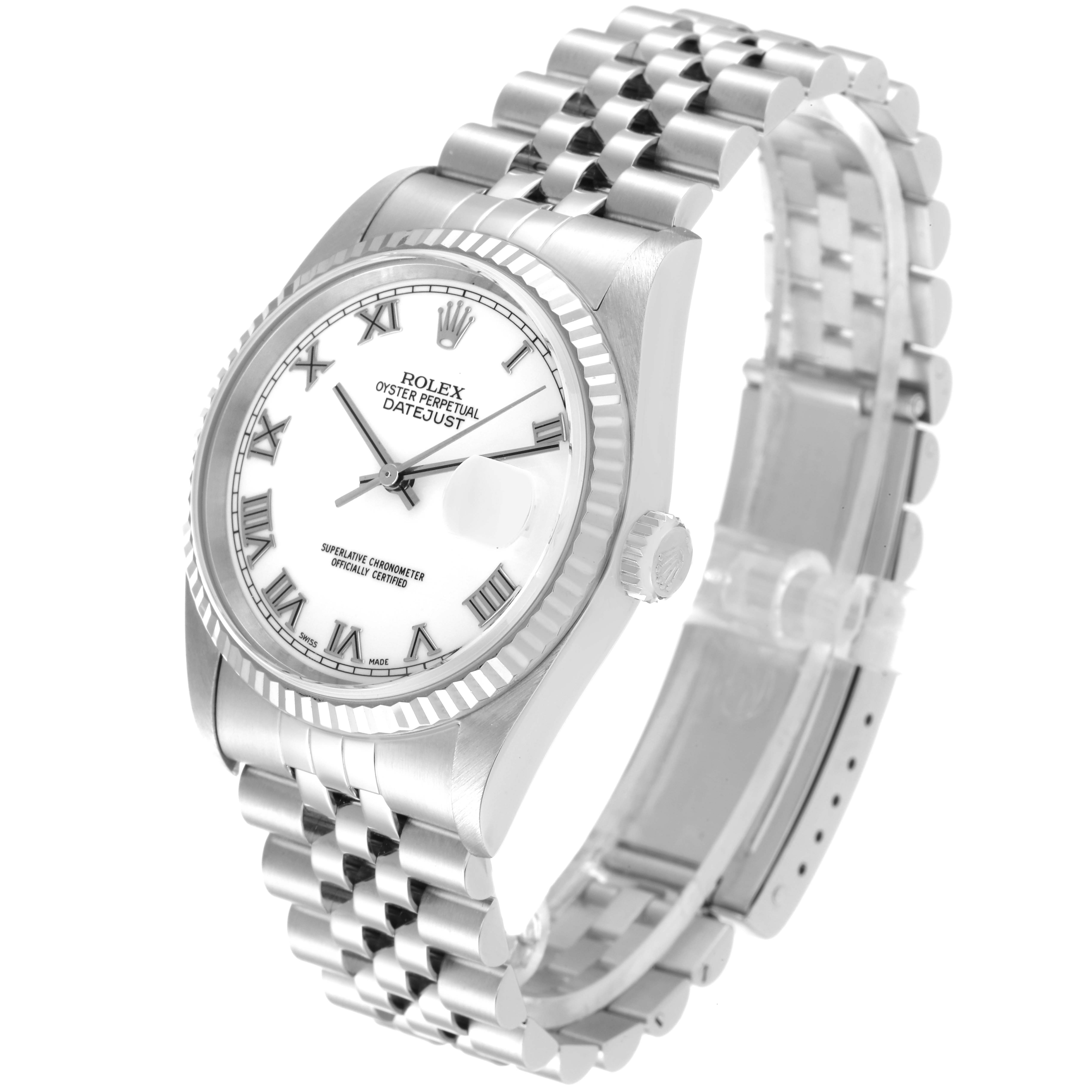 The image shows a Rolex Datejust 16234 Men's Stainless Steel White Dial 16234 Men's Stainless Steel White Dial model watch, featuring a white dial, Roman numerals, fluted bezel, and Jubilee bracelet.