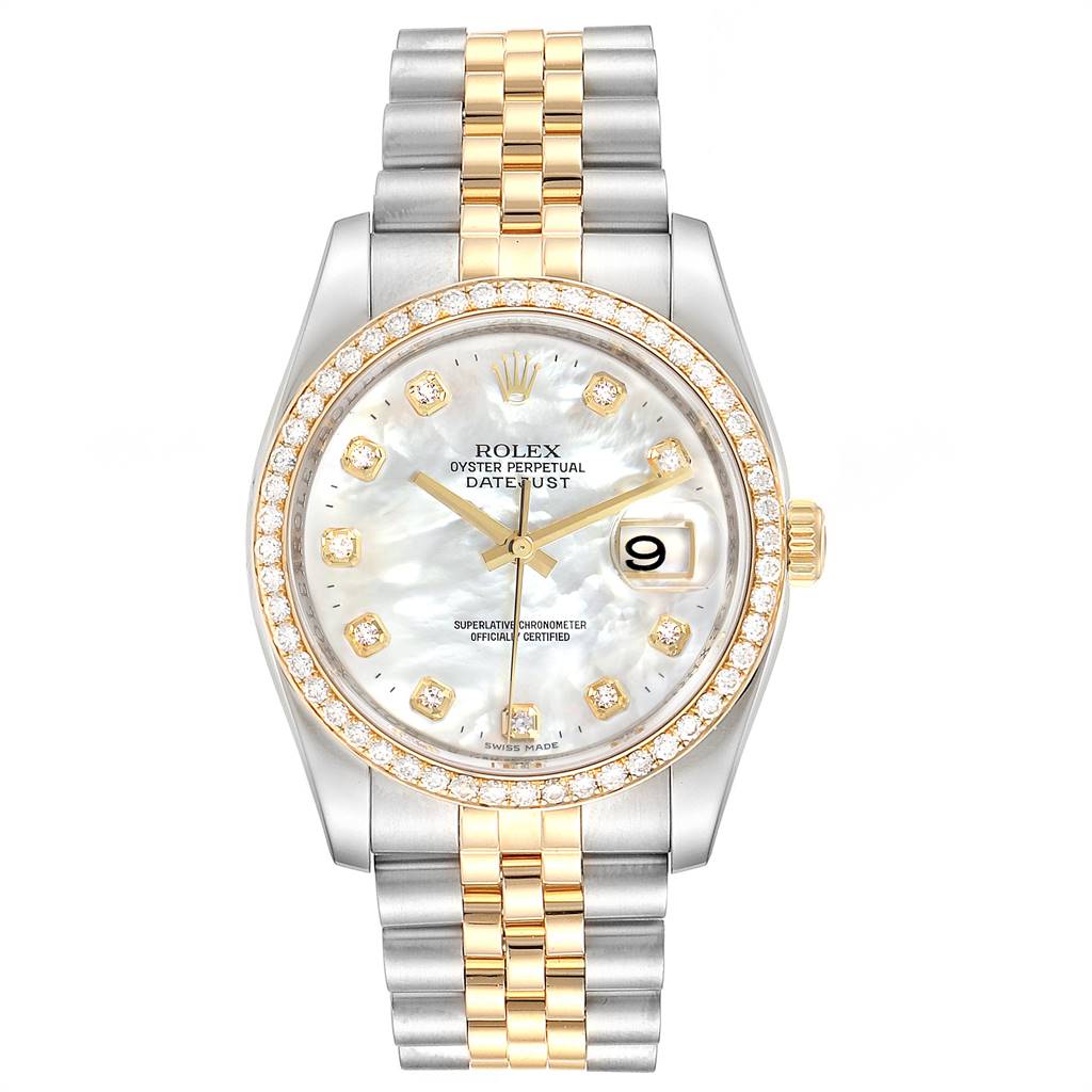 The image shows a frontal view of a Rolex Datejust 116243 Men's Steel and Gold (two tone) Mother of Pearl Dial 116243 Men's Steel and Gold (two tone) Mother of Pearl Dial with a two-tone bracelet, diamond bezel, and mother-of-pearl dial.