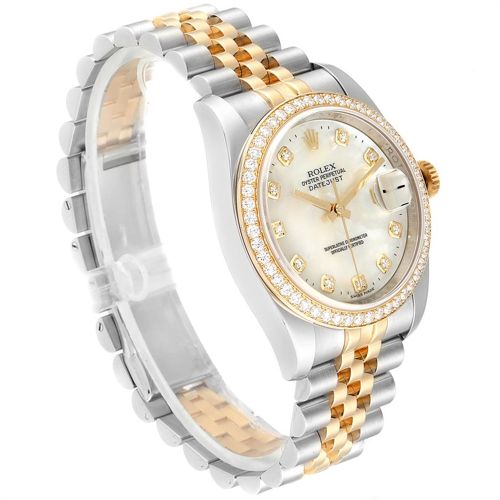 This image of the Rolex Datejust 116243 Men's Steel and Gold (two tone) Mother of Pearl Dial 116243 Men's Steel and Gold (two tone) Mother of Pearl Dial watch is taken from a front-left angle, showing the face, bezel, and two-tone bracelet.