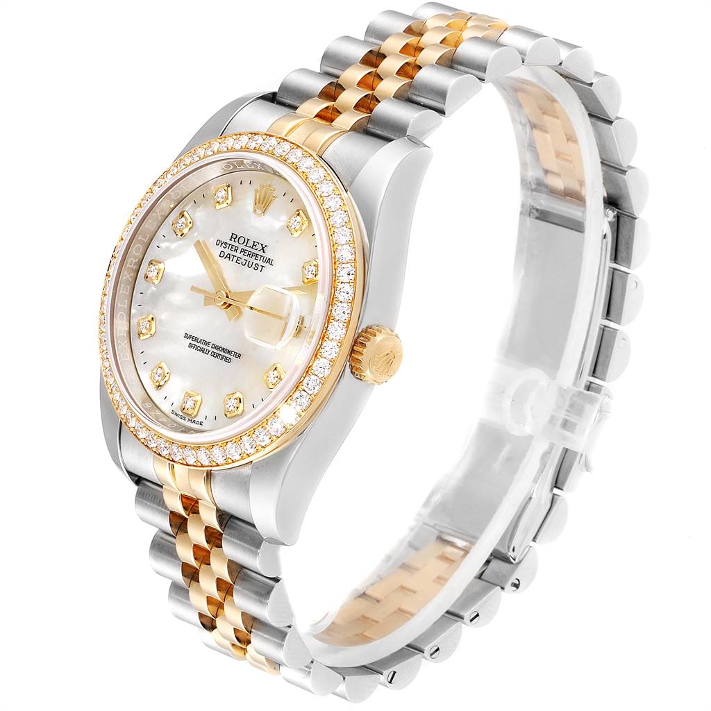 The image shows a side angle of a Rolex Datejust 116243 Men's Steel and Gold (two tone) Mother of Pearl Dial 116243 Men's Steel and Gold (two tone) Mother of Pearl Dial, highlighting its face, bracelet, crown, and bezel.