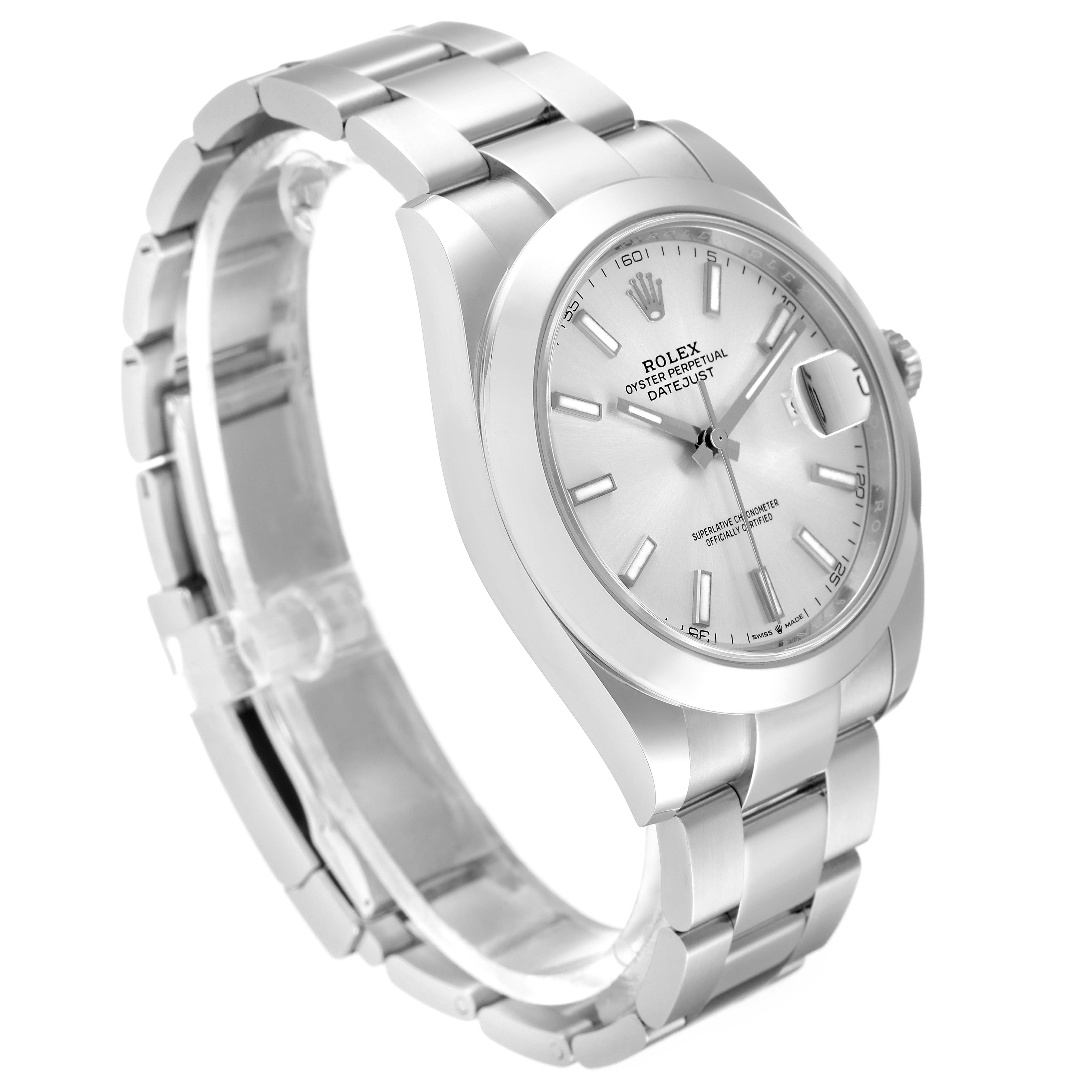 The image shows a front-side view of the Rolex Datejust 41 126300 Men's Stainless Steel Silver Dial 126300 Men's Stainless Steel Silver Dial watch, highlighting the dial, bezel, and bracelet.