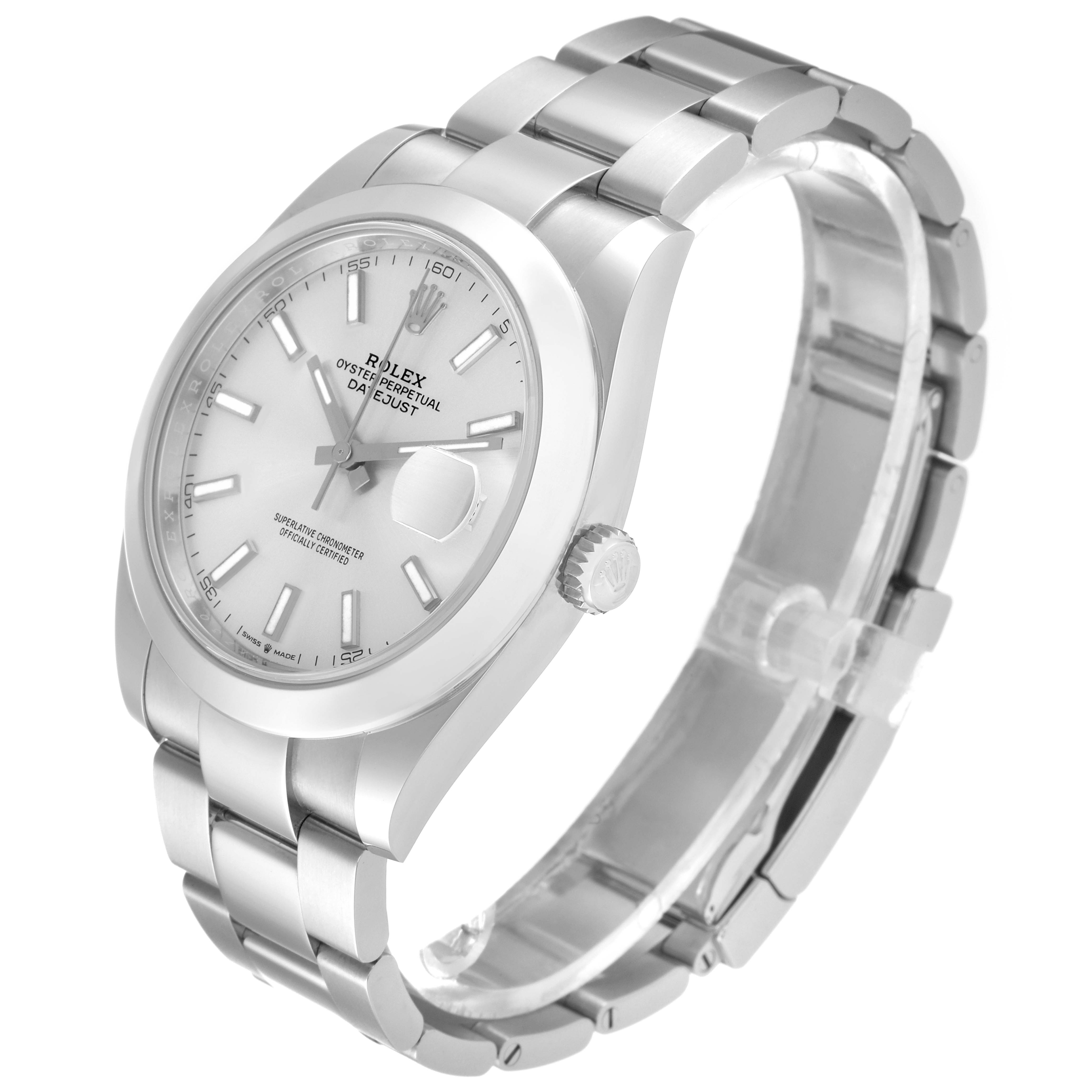 The image shows a Rolex Datejust 41 126300 Men's Stainless Steel Silver Dial 126300 Men's Stainless Steel Silver Dial watch at an oblique angle, revealing the face, bezel, crown, and part of the bracelet.