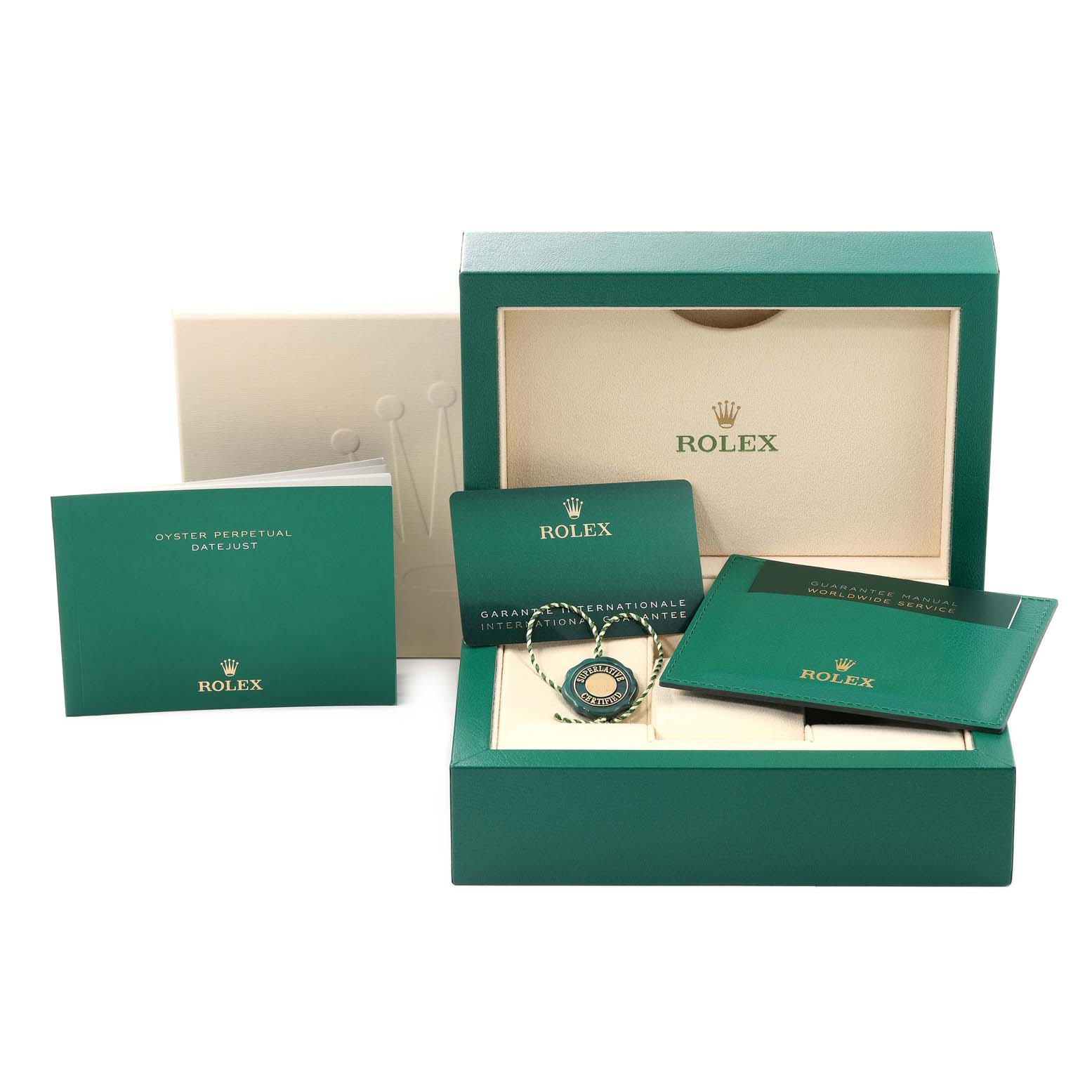 The image shows a Rolex Datejust 41 126300 Men's Stainless Steel Silver Dial 126300 Men's Stainless Steel Silver Dial packaging with an open box, manuals, and an authenticity tag.