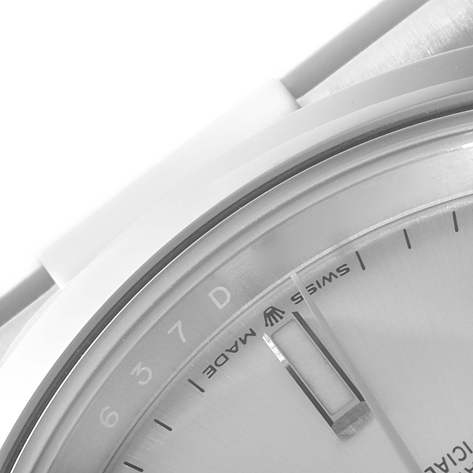 This close-up image shows a partial view of the dial and bezel of a Rolex Datejust 41 126300 Men's Stainless Steel Silver Dial 126300 Men's Stainless Steel Silver Dial watch.
