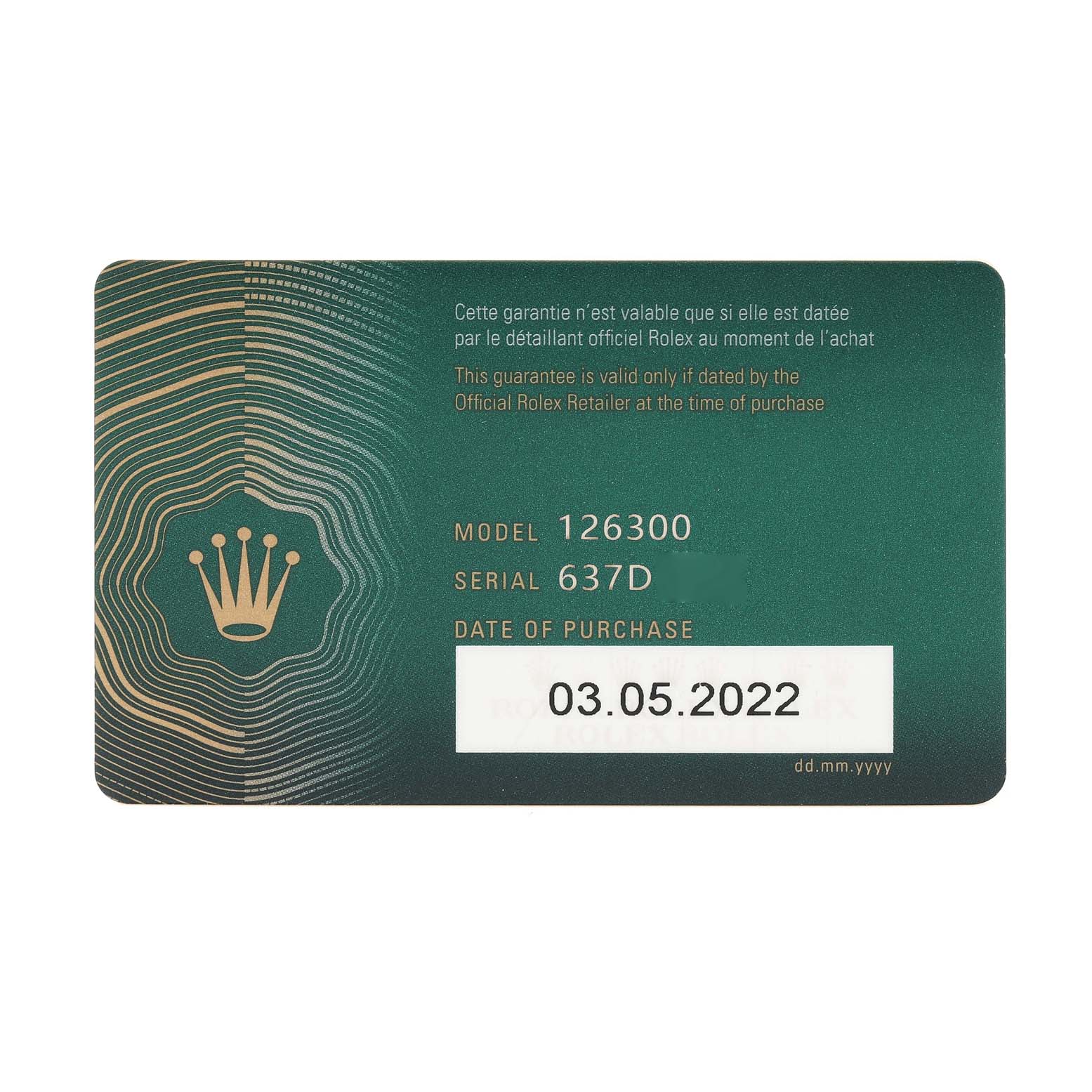 The image shows a warranty card for the Rolex Datejust 41 126300 Men's Stainless Steel Silver Dial 126300 Men's Stainless Steel Silver Dial model 126300 with purchase date 03.05.2022.