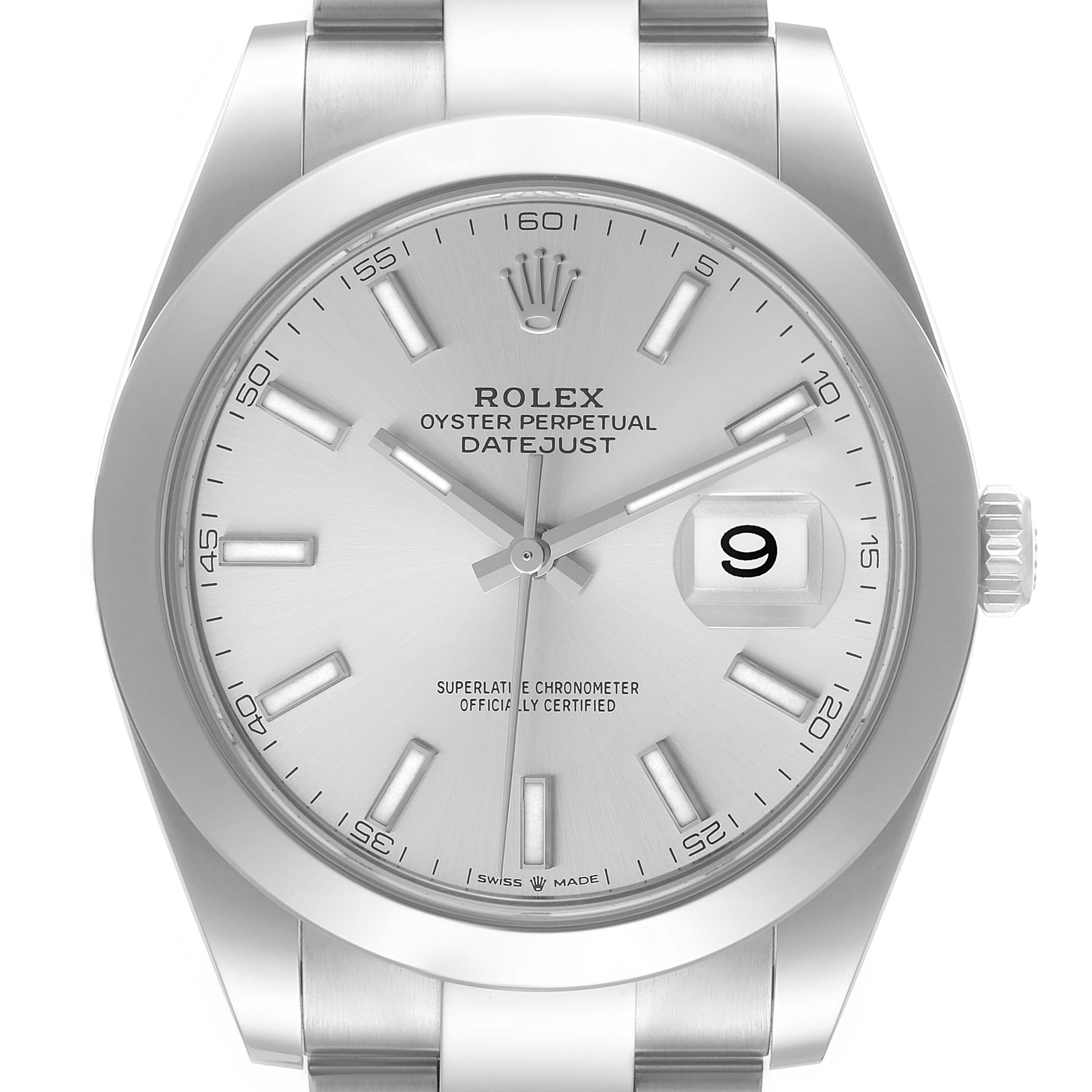 The image shows a front view of the Rolex Datejust 41 126300 Men's Stainless Steel Silver Dial 126300 Men's Stainless Steel Silver Dial watch, highlighting its dial, hour markers, hands, and date window.