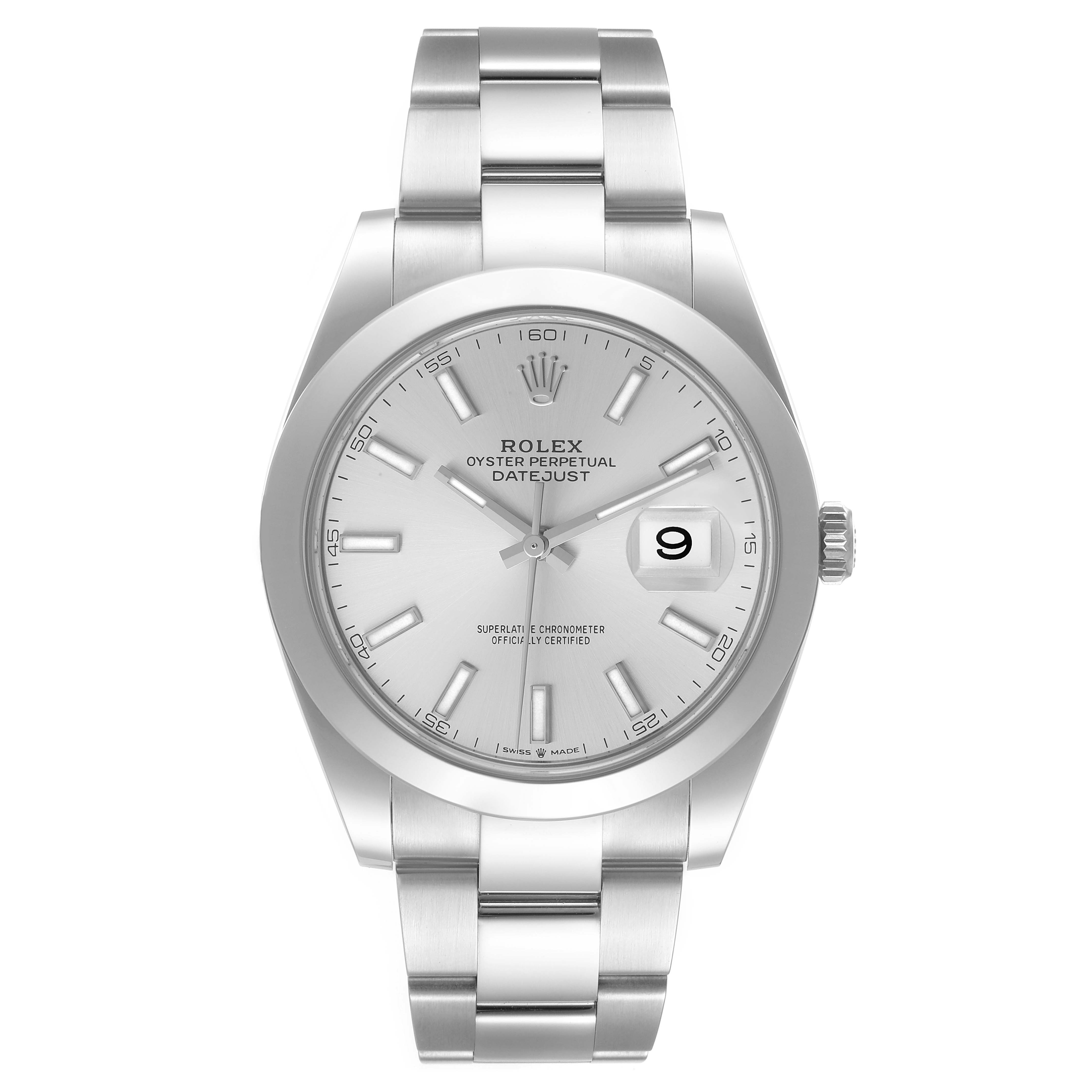 The Rolex Datejust 41 126300 Men's Stainless Steel Silver Dial 126300 Men's Stainless Steel Silver Dial model watch is shown from a front angle, displaying the dial, bracelet, and date window.