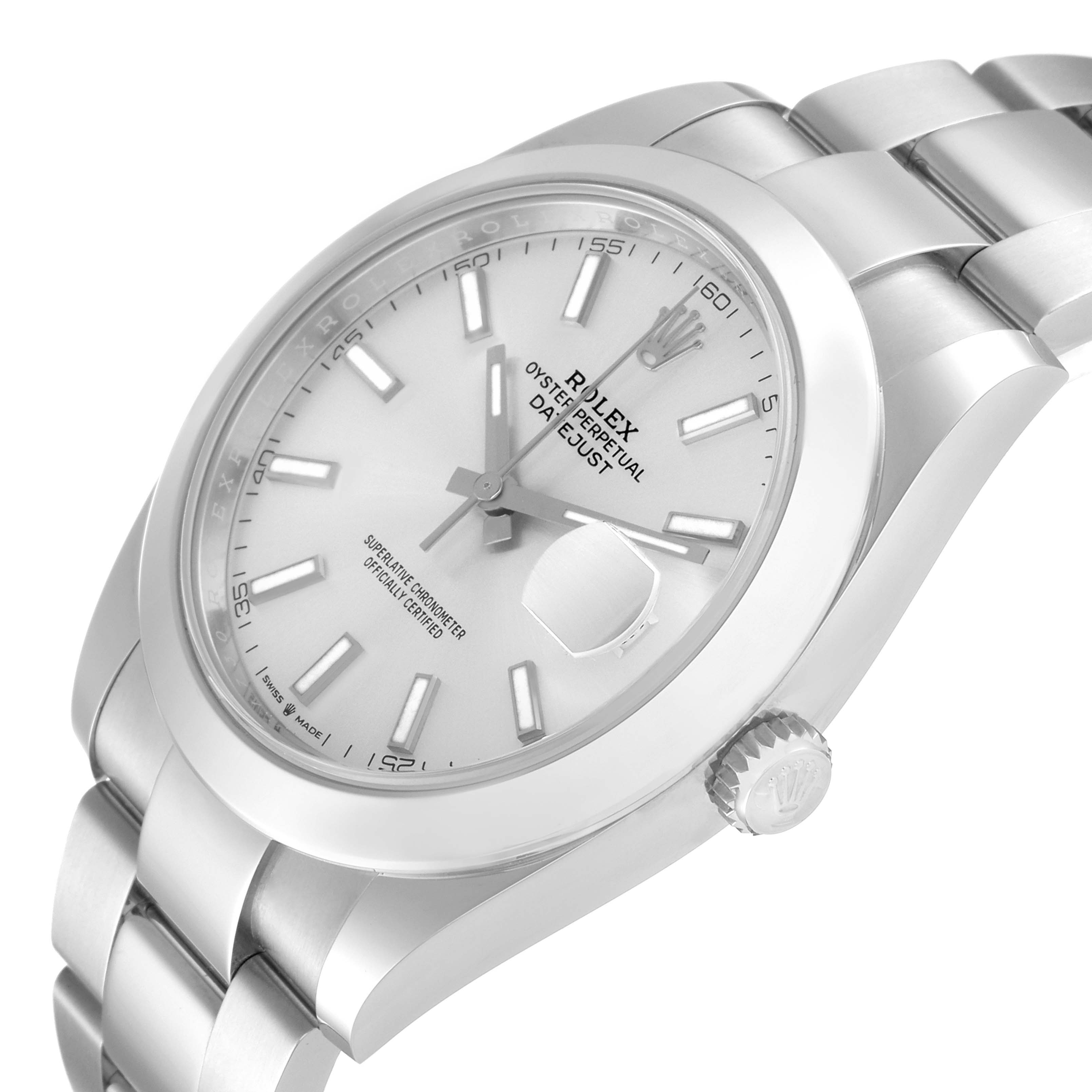 This image shows a Rolex Datejust 41 126300 Men's Stainless Steel Silver Dial 126300 Men's Stainless Steel Silver Dial watch angled from the front and slightly to the side, highlighting the dial and bracelet.