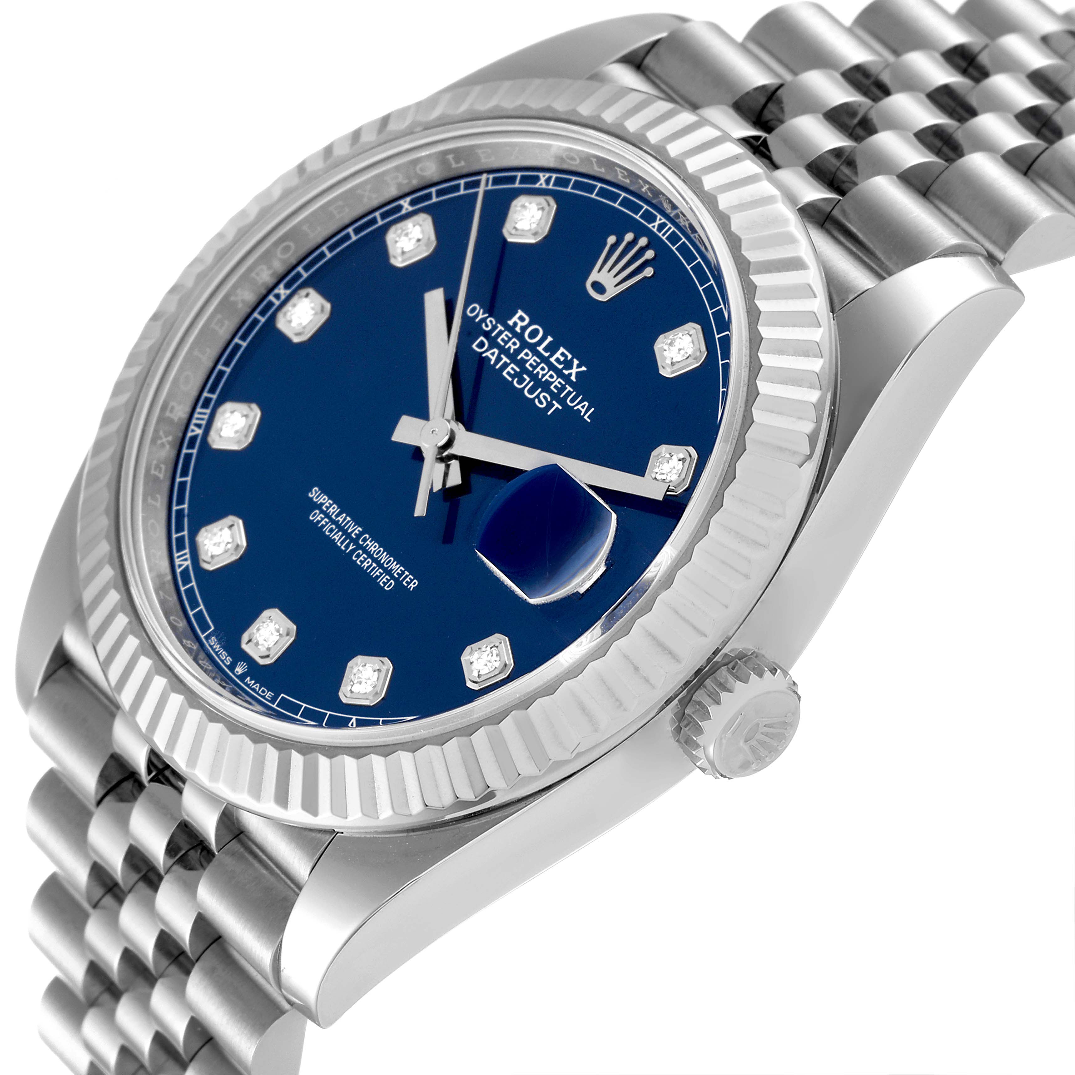 The image shows a close-up side view of the Rolex Datejust 41 126334 Men's Stainless Steel Blue Dial 126334 Men's Stainless Steel Blue Dial, highlighting its blue dial, fluted bezel, and jubilee bracelet.