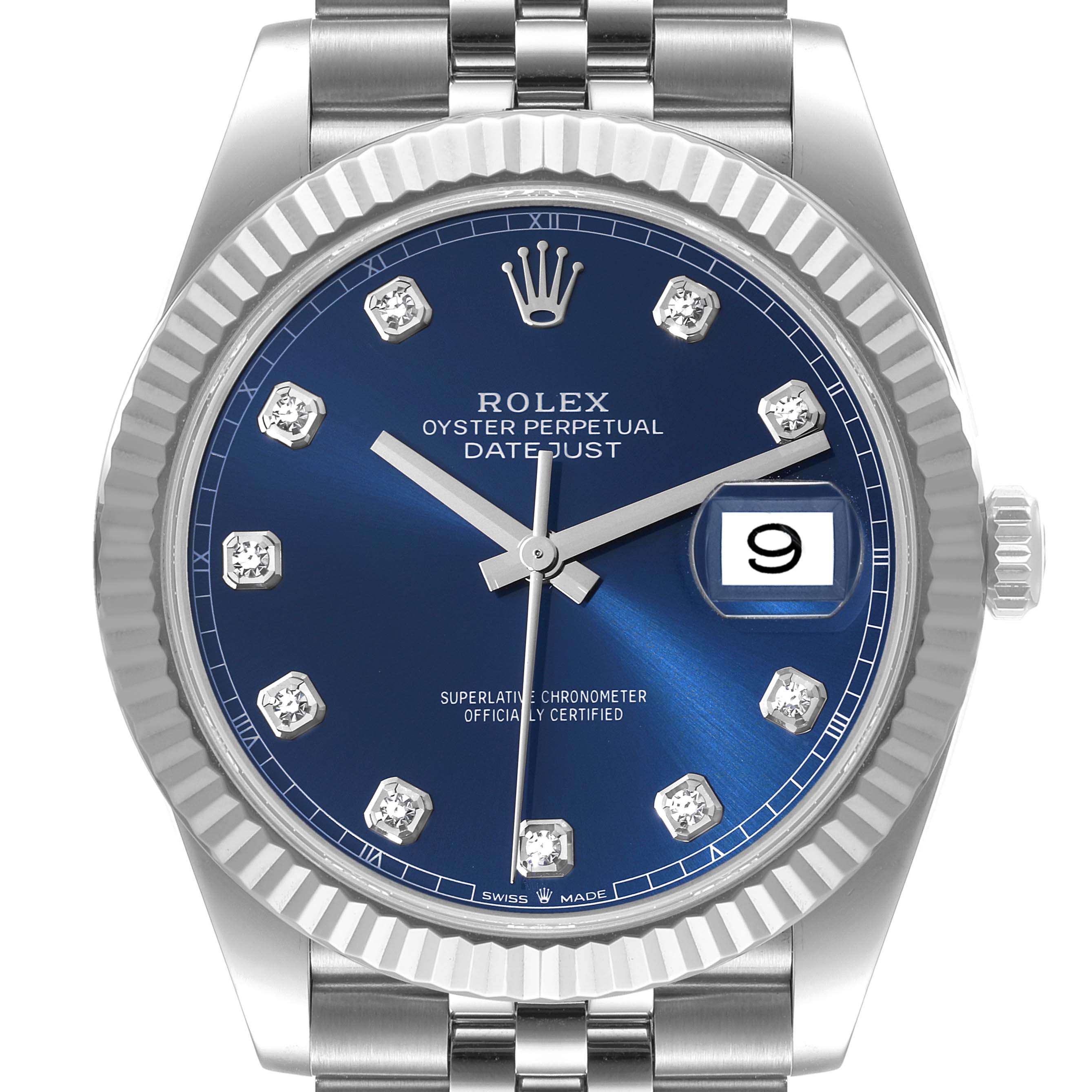 This image shows a front view of a Rolex Datejust 41 126334 Men's Stainless Steel Blue Dial 126334 Men's Stainless Steel Blue Dial watch, highlighting its blue dial, diamond hour markers, date window, and fluted bezel.